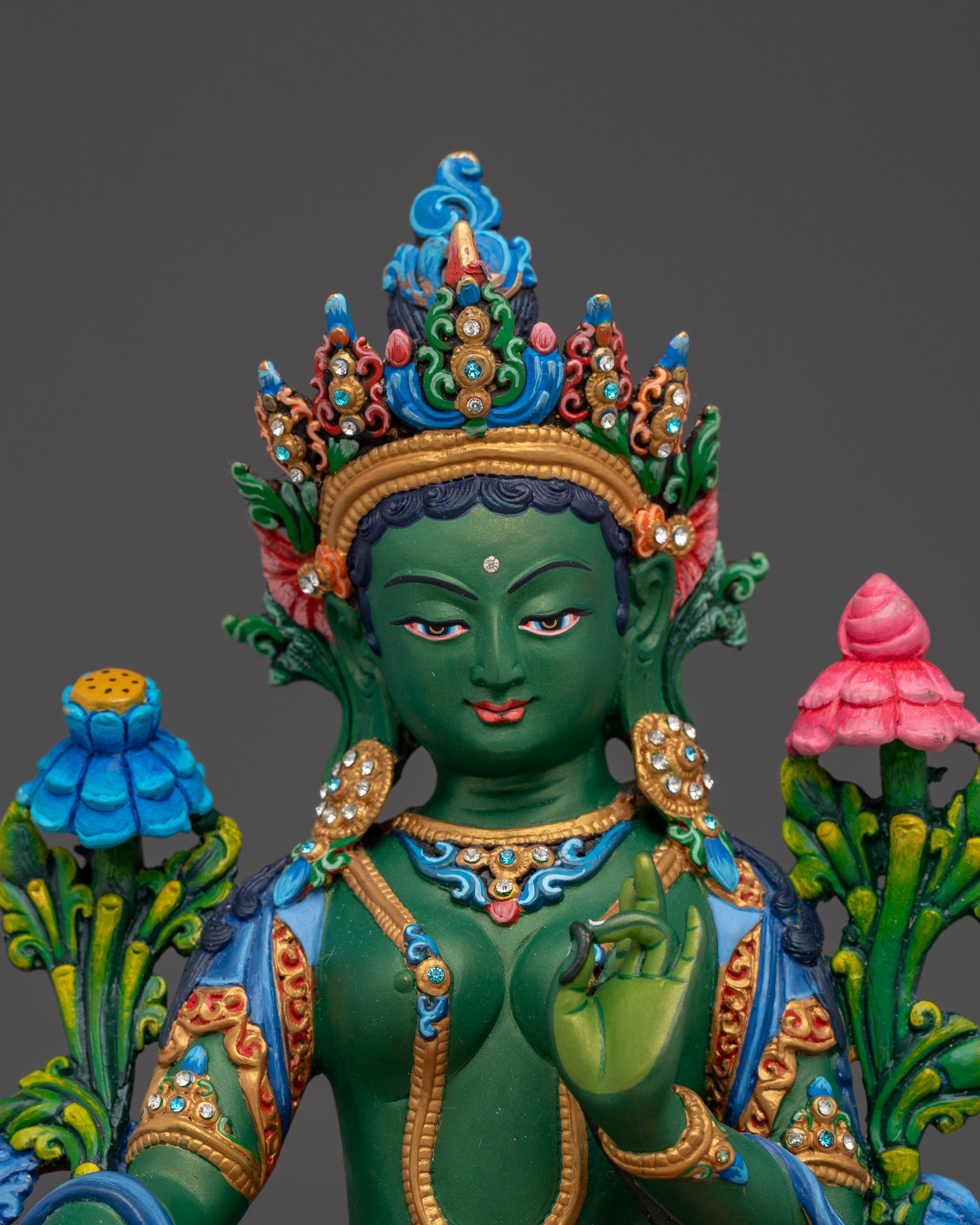 Green Tara Gold with Acrylic Details Statue | Copper Art for Compassion and Protection