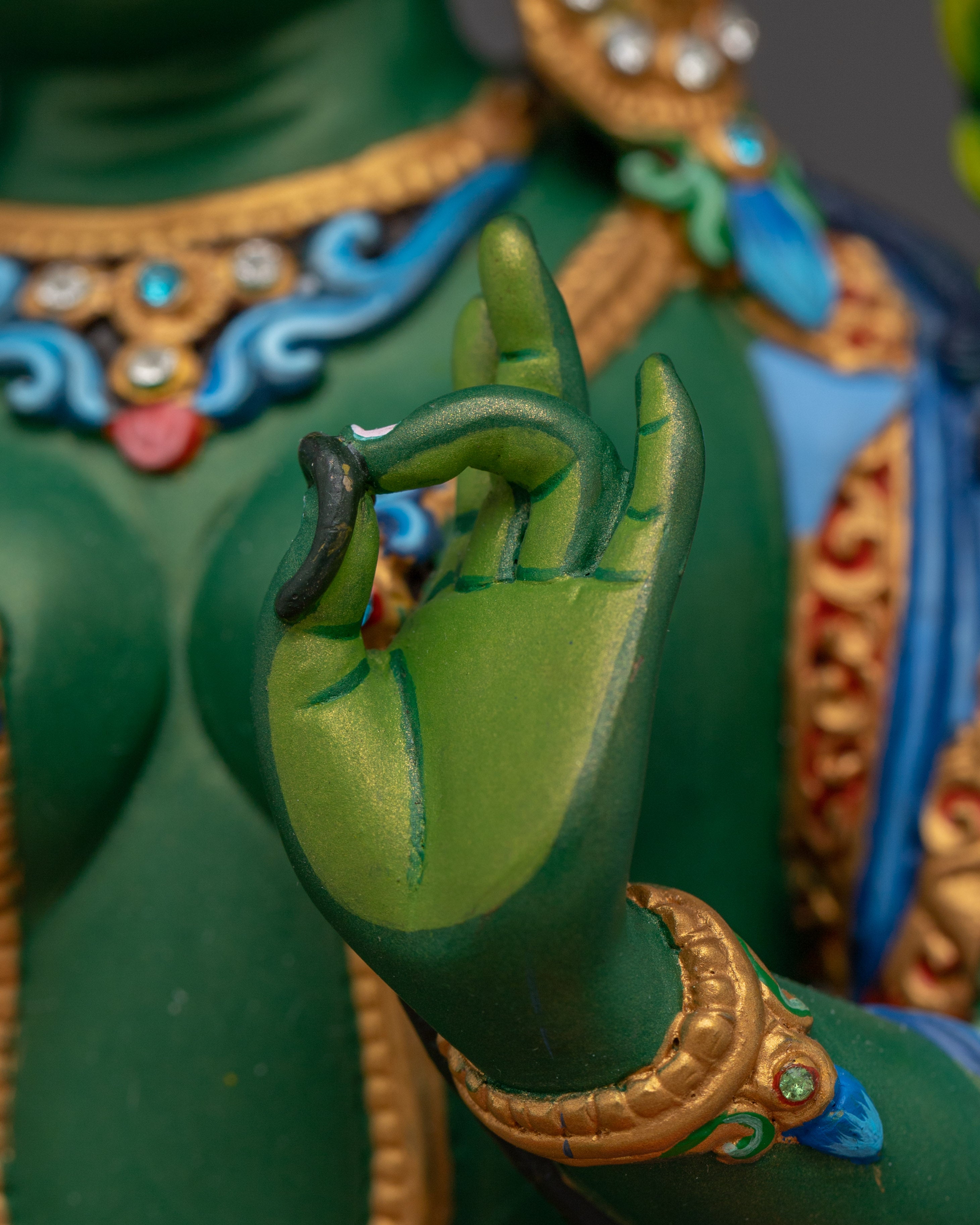 Green Tara Gold with Acrylic Details Statue | Copper Art for Compassion and Protection