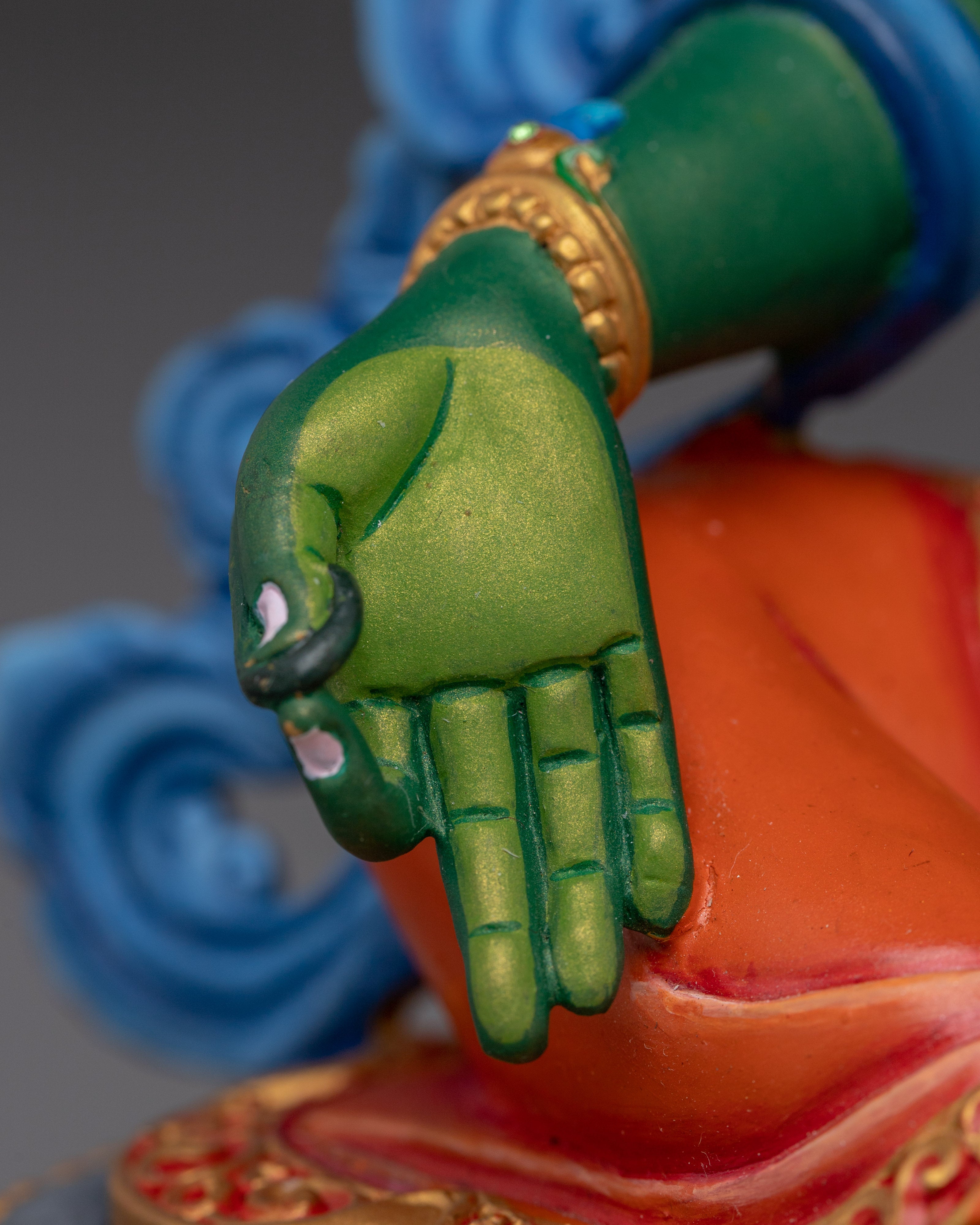 Green Tara Gold with Acrylic Details Statue | Copper Art for Compassion and Protection