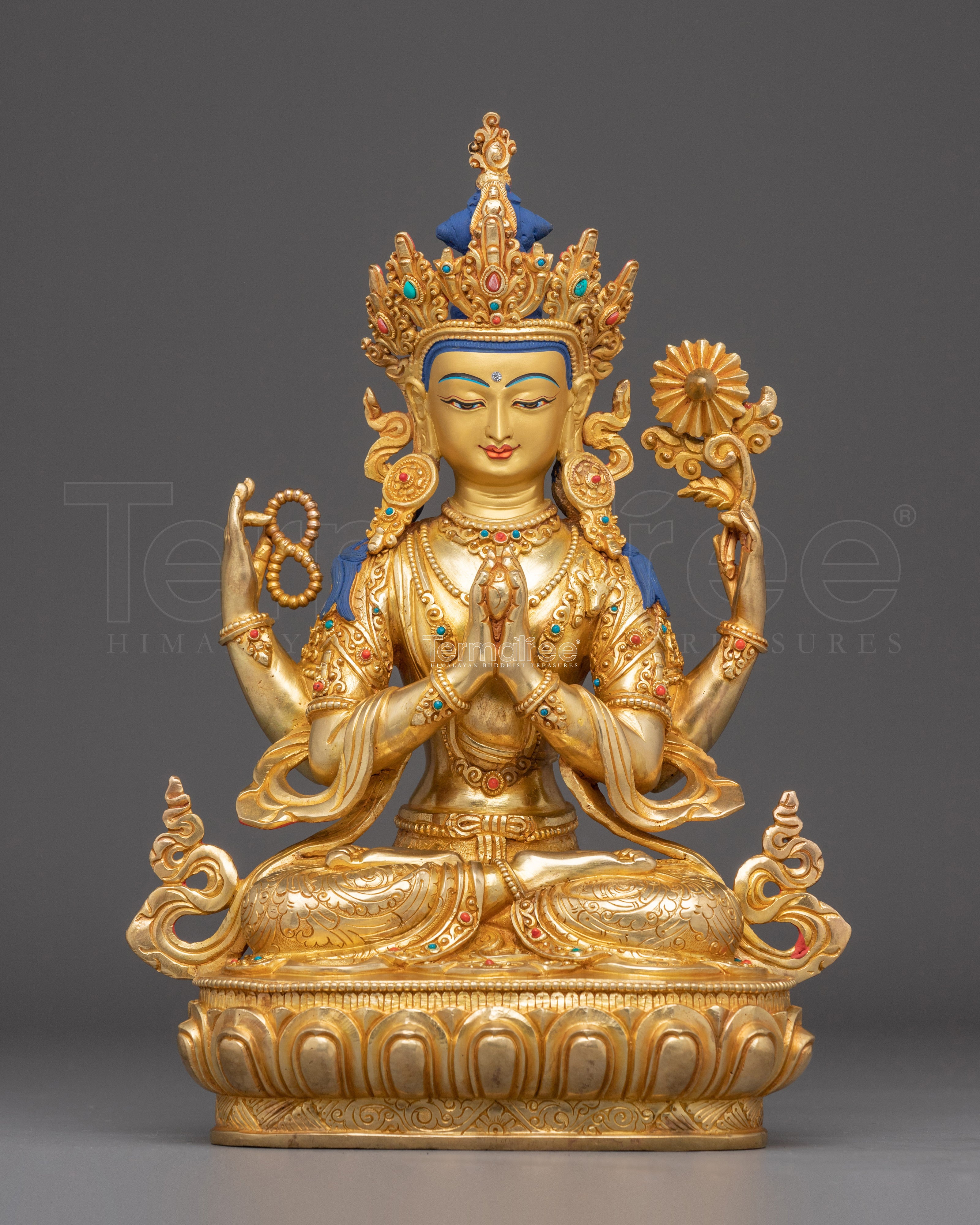 12.4 Inch Golden Chenrezig Statue | Bodhisattva of Wisdom