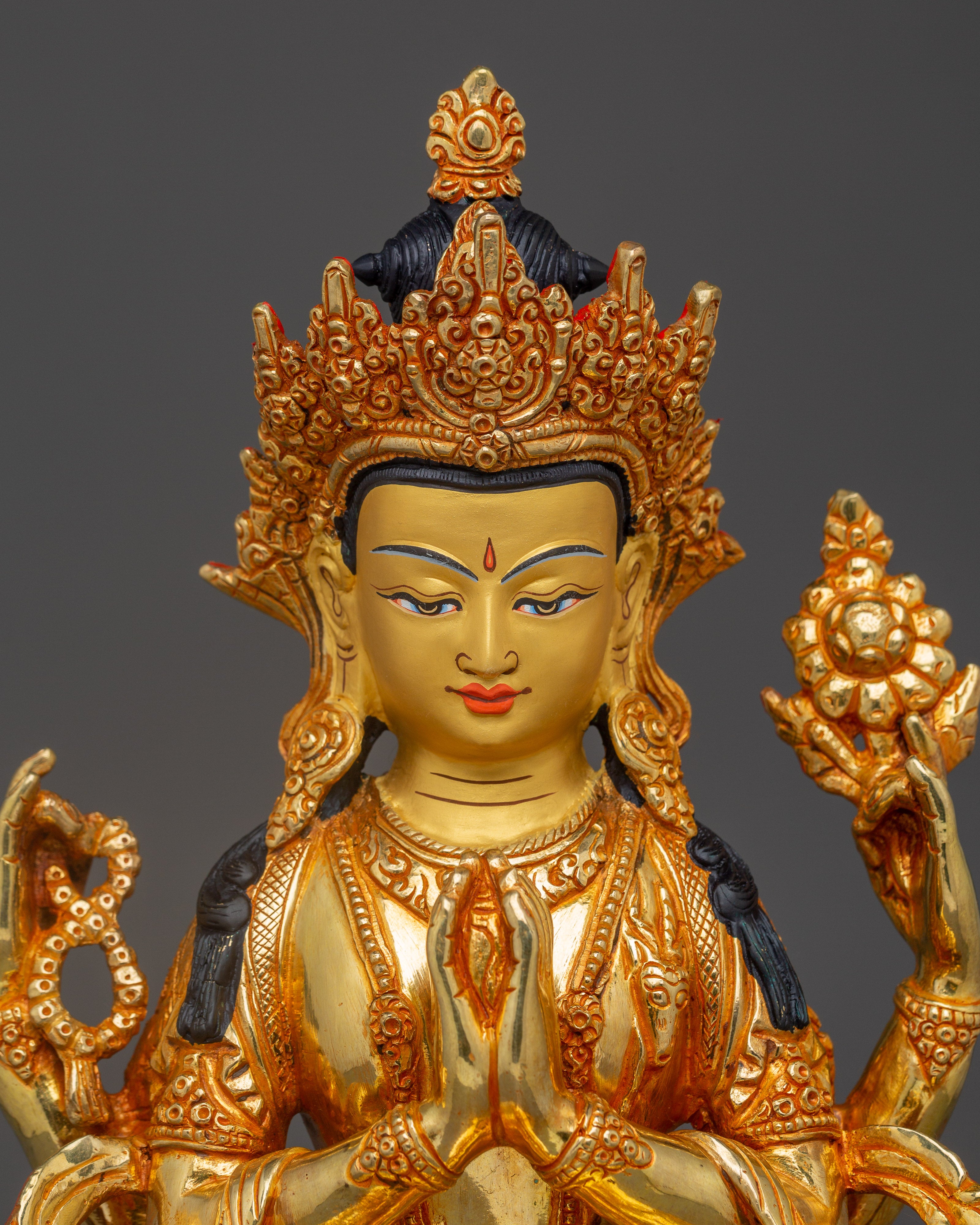 Chenrezig, Enlightened Teacher of Compassion | Nepali Handcrafted Gold Icon
