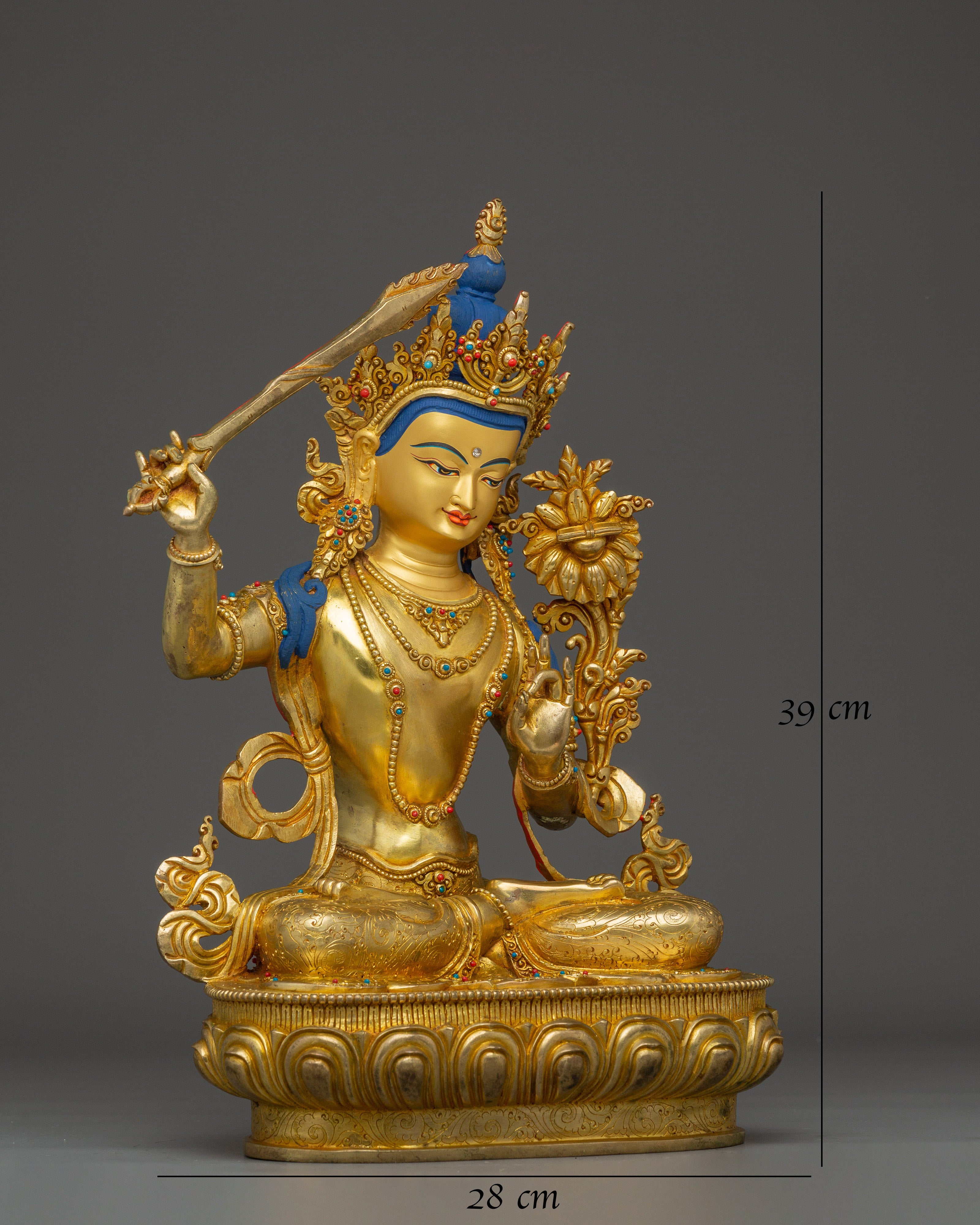 Manjushri, Wisdom Deity with Gold-Gilded Tibetan Artwork
