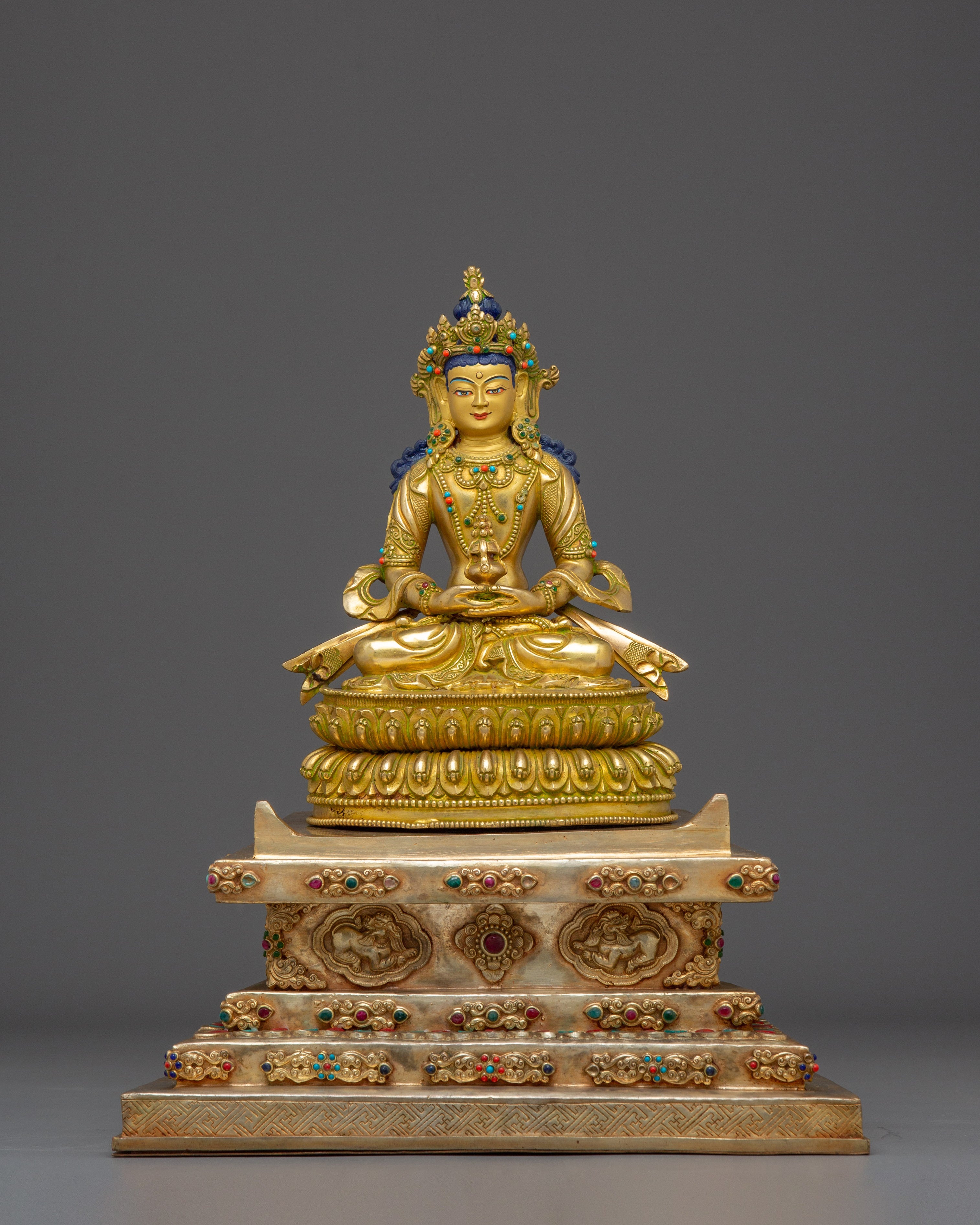 Statue Of Amitayus With Throne: Tibetan Buddhist Longevity Deity