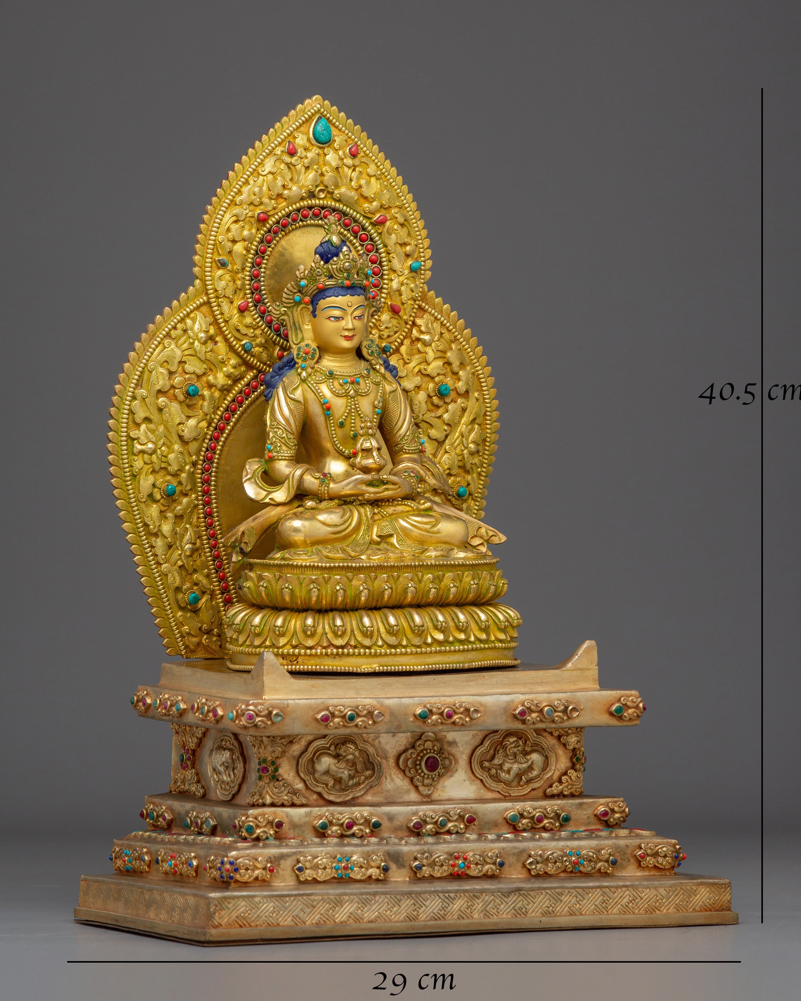 Statue Of Amitayus With Throne: Tibetan Buddhist Longevity Deity