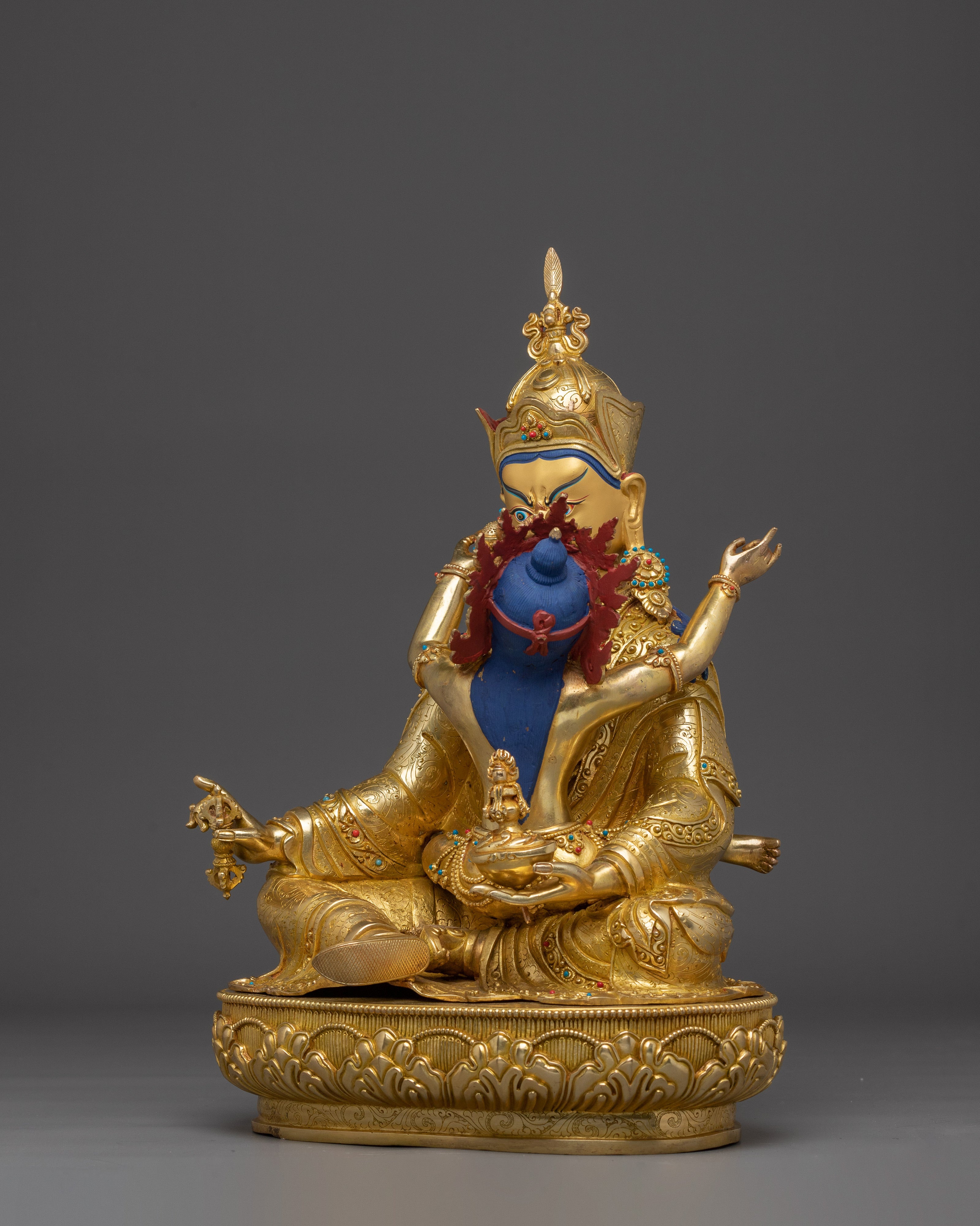 15.75 Inches Guru rinpoche with Consort Statue | Nepali Gold Gilded Art