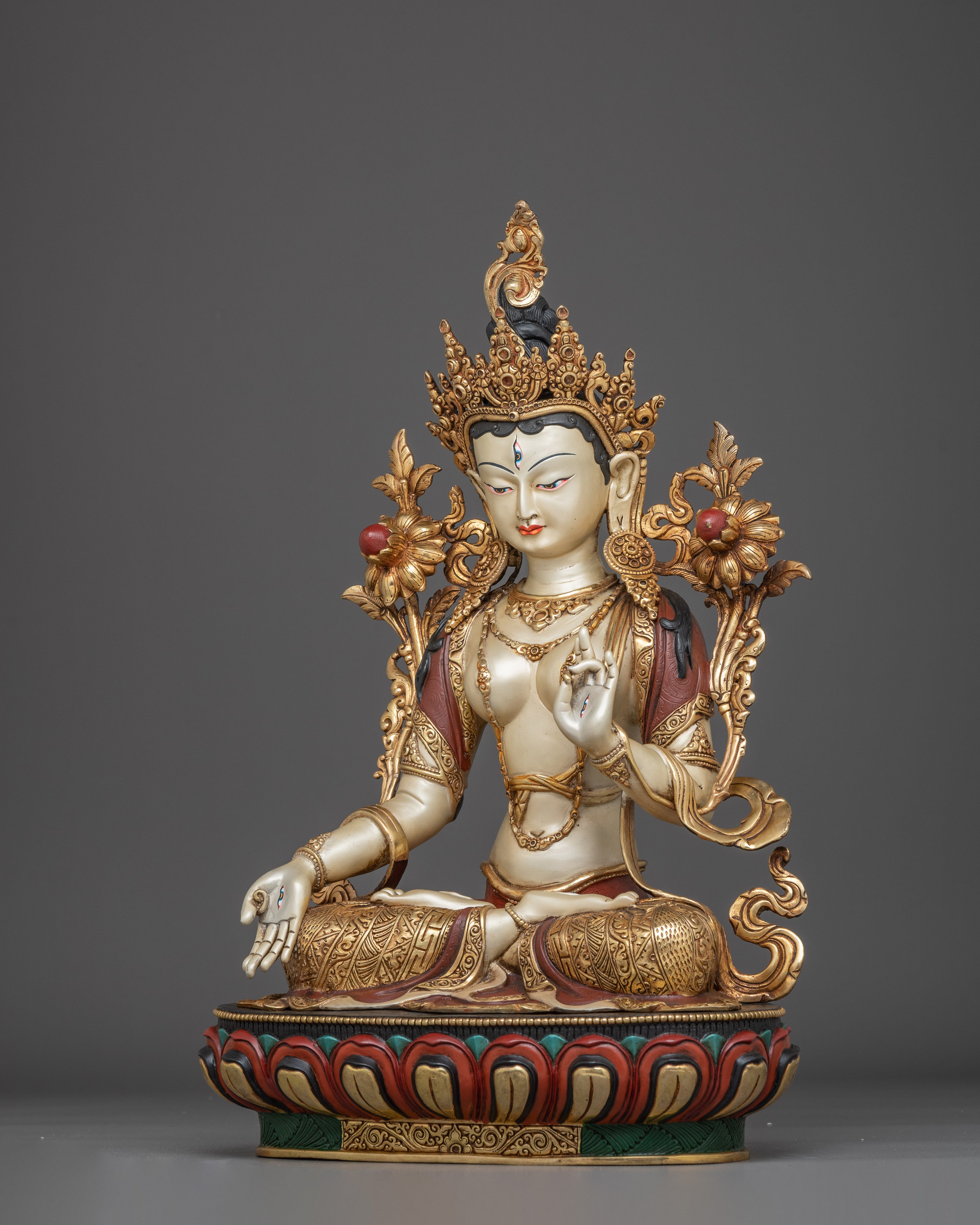 Himalayan White Tara Statue: Nepali Handcrafted Gold Icon