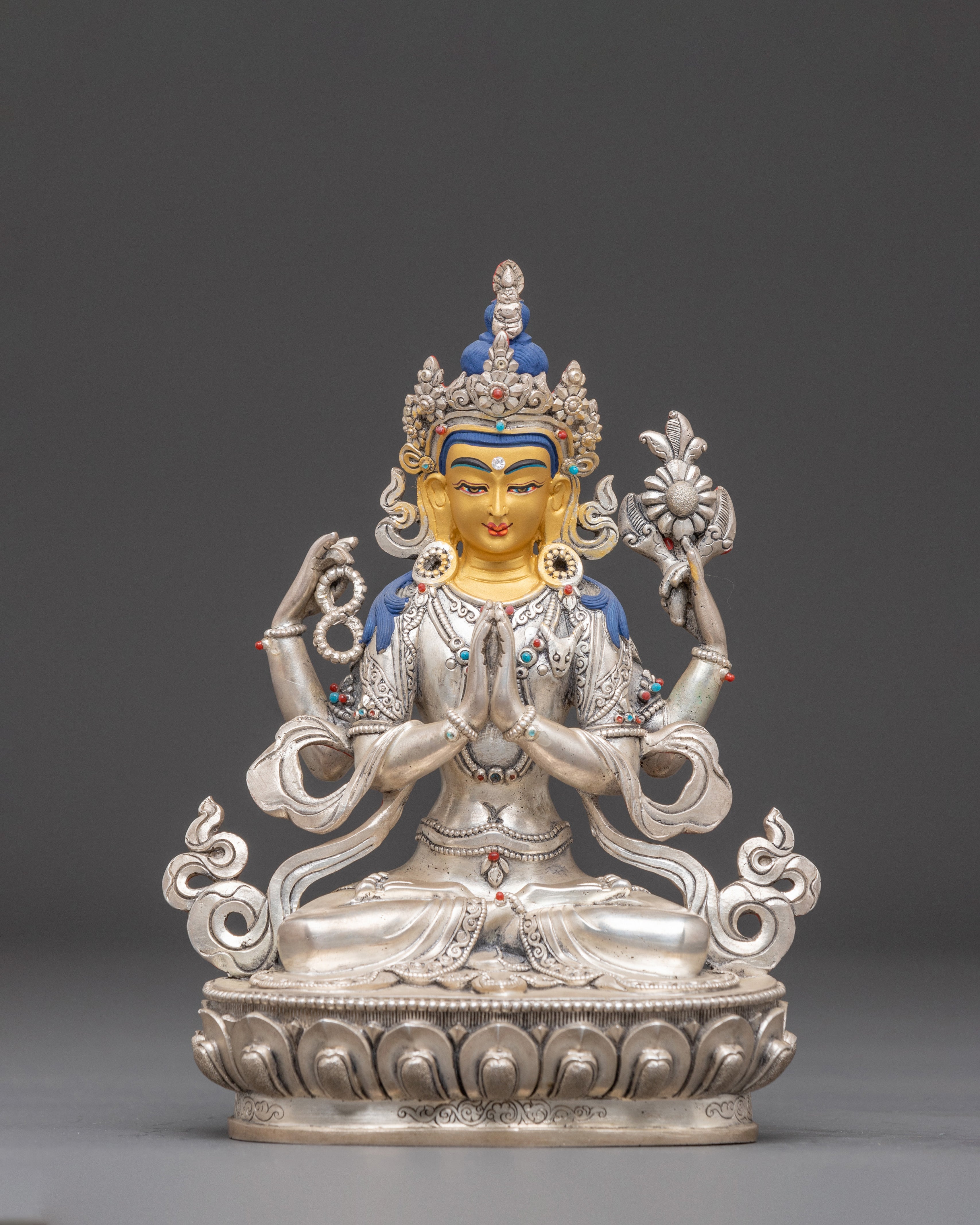 Four-Armed Chenrezig Silver Statue 