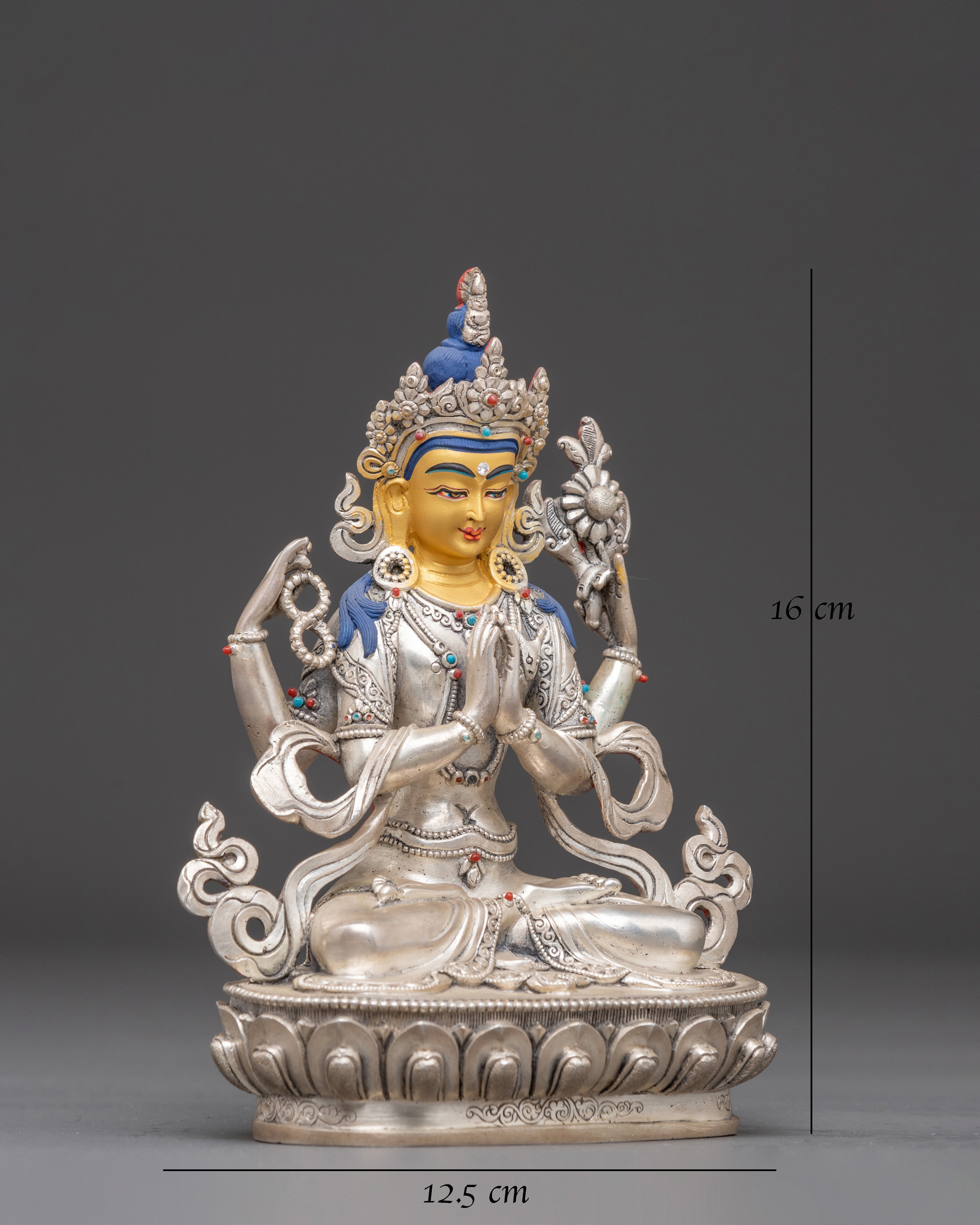 Four-Armed Chenrezig Silver Statue 