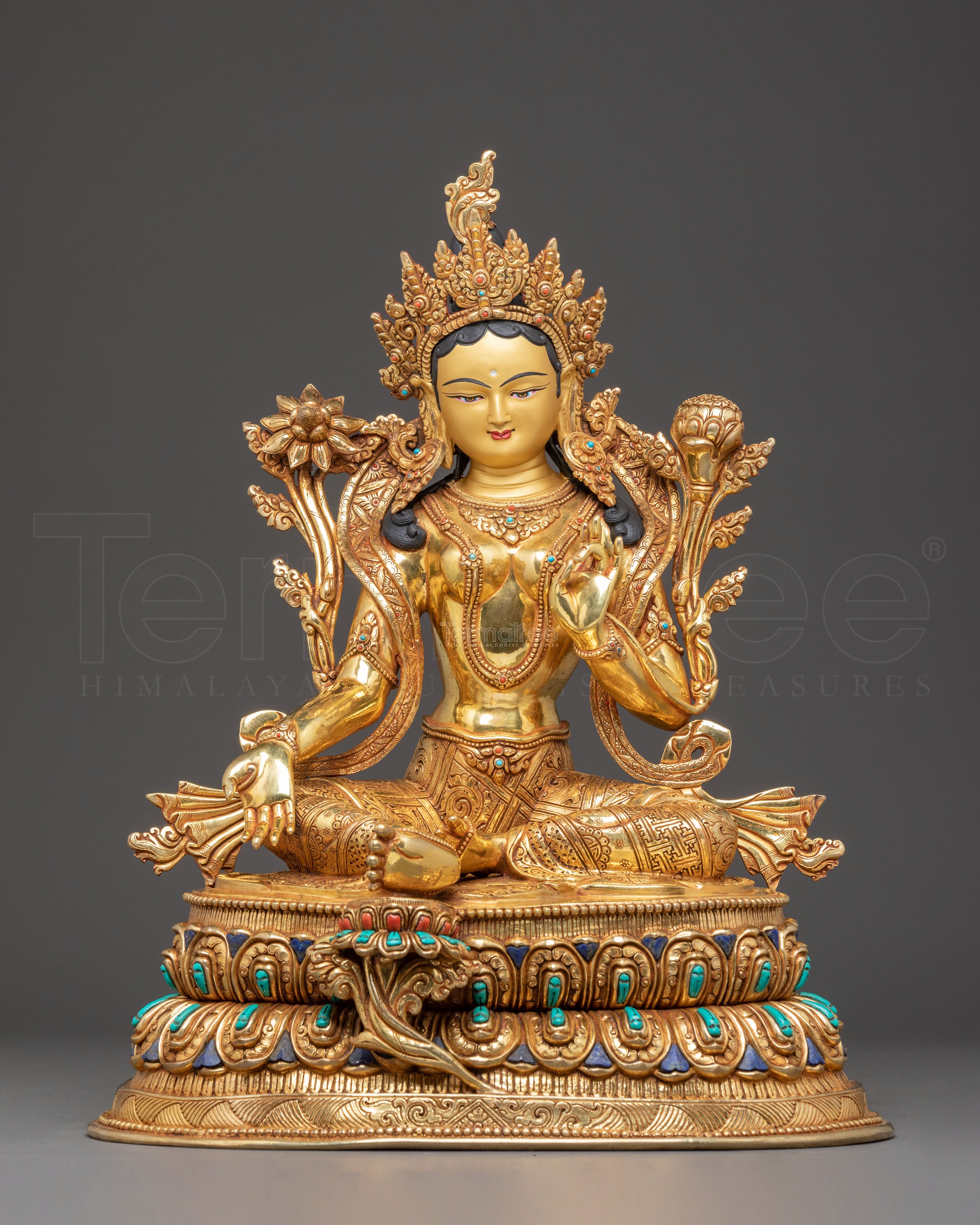 Handmade Golden Statue of Green Tara | Female Buddha of Compassion