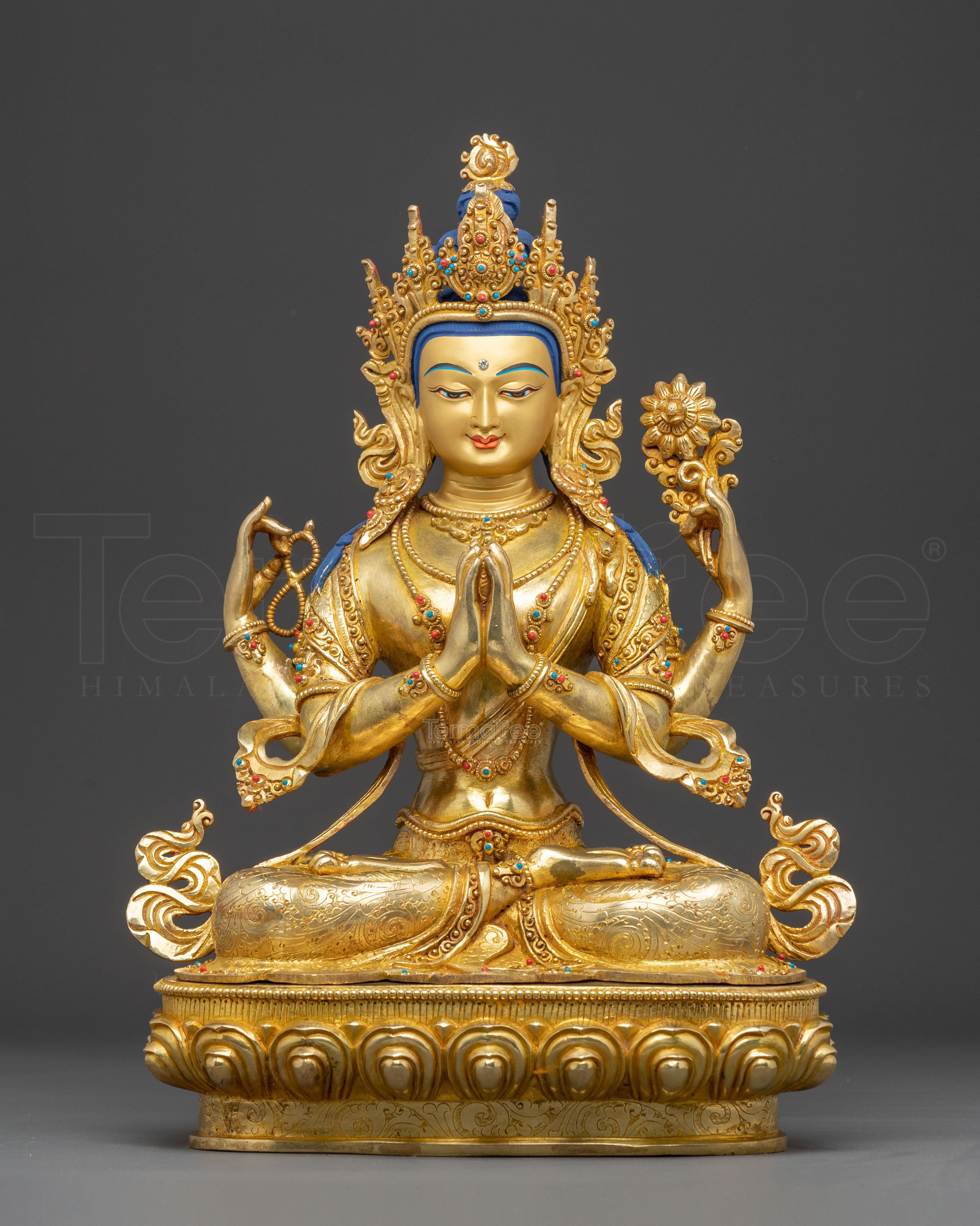 Handcrafted Golden Statue of Four Armed Chenrezig | Bodhisattva of Infinite Compassion