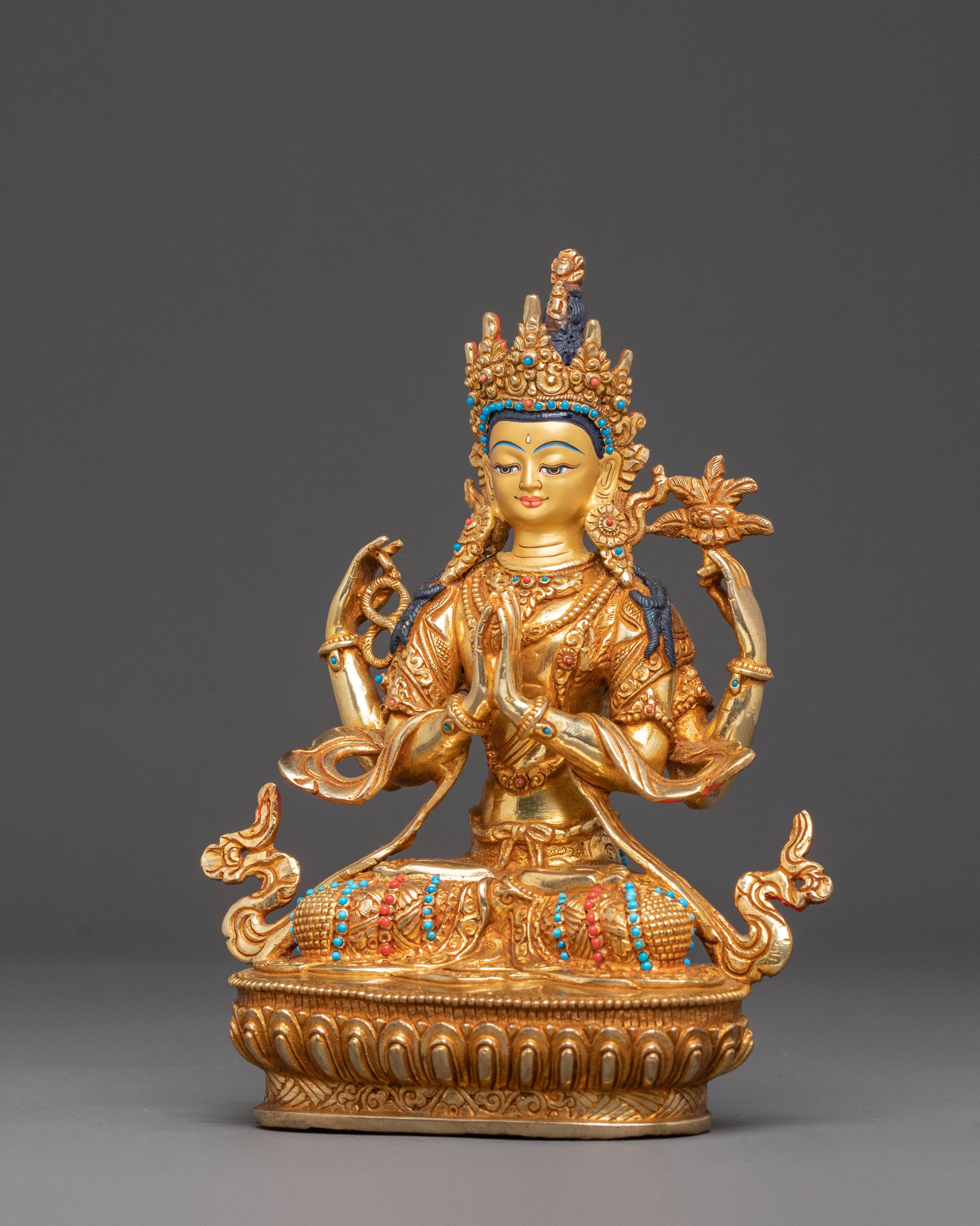 Handmade Golden Statue of Compassion Chenrezig | Tibetan Buddhist Sculpture