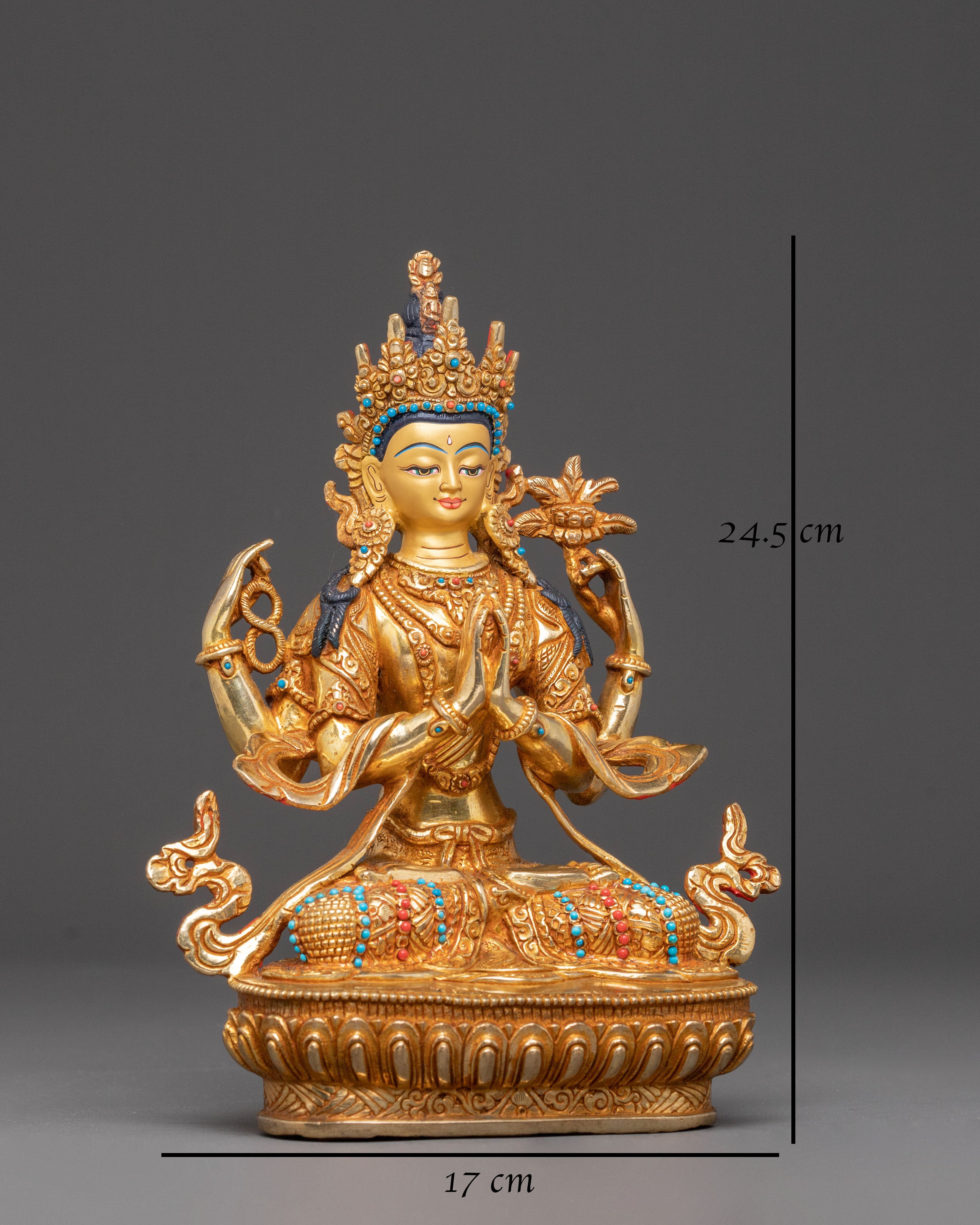 Handmade Golden Statue of Compassion Chenrezig | Tibetan Buddhist Sculpture
