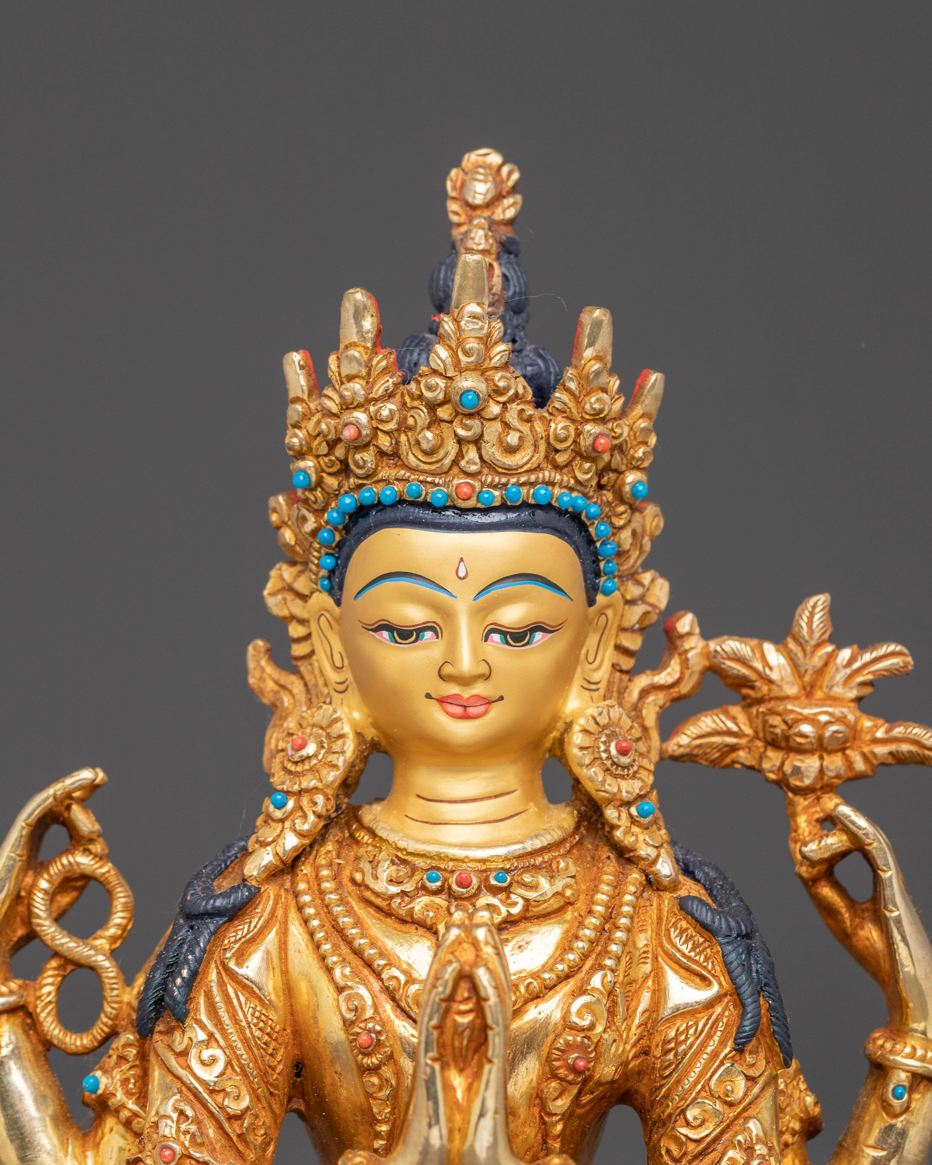 Handmade Golden Statue of Compassion Chenrezig | Tibetan Buddhist Sculpture