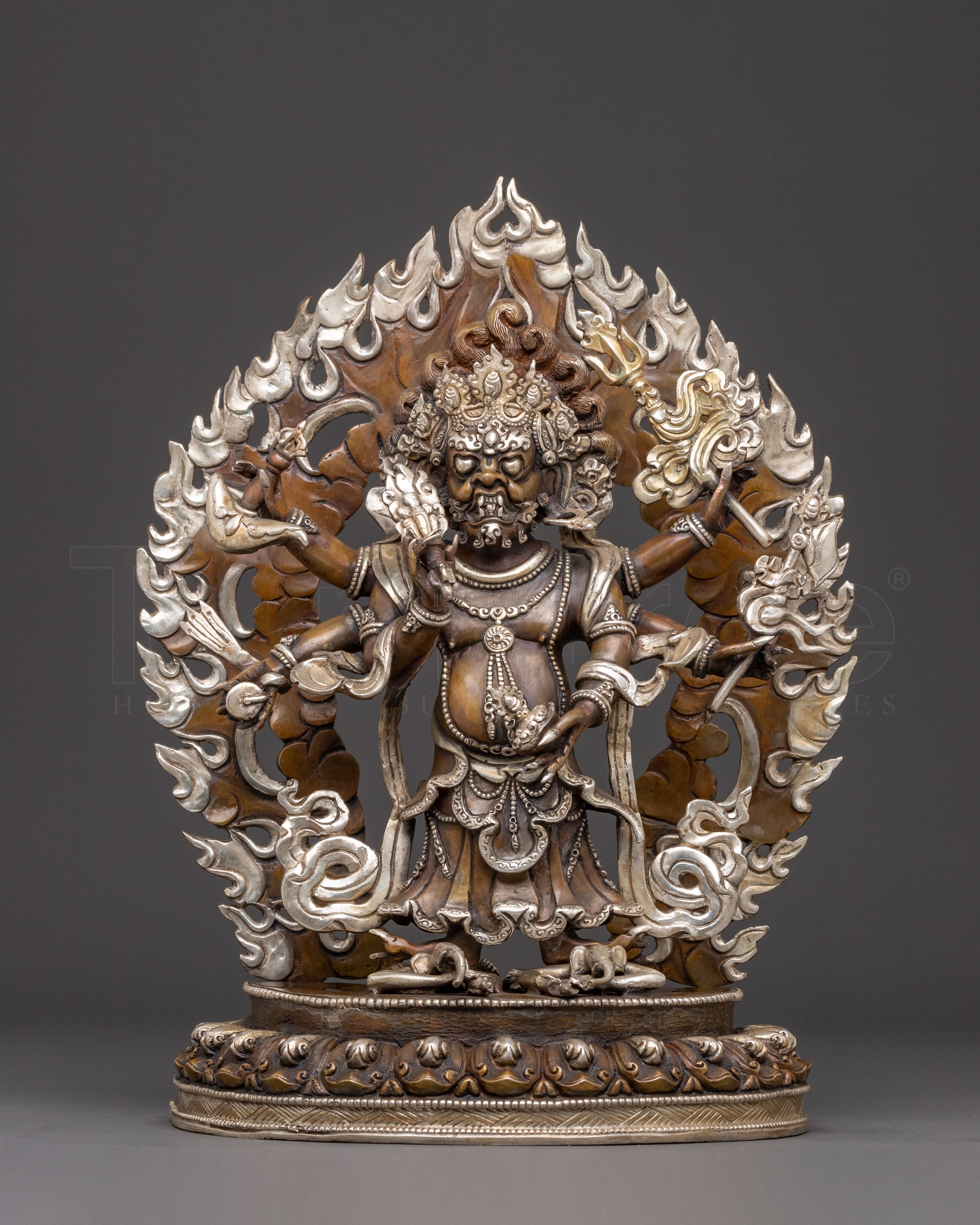 Handmade White Mahakala Oxidized Copper Statue – Guardian of Abundance