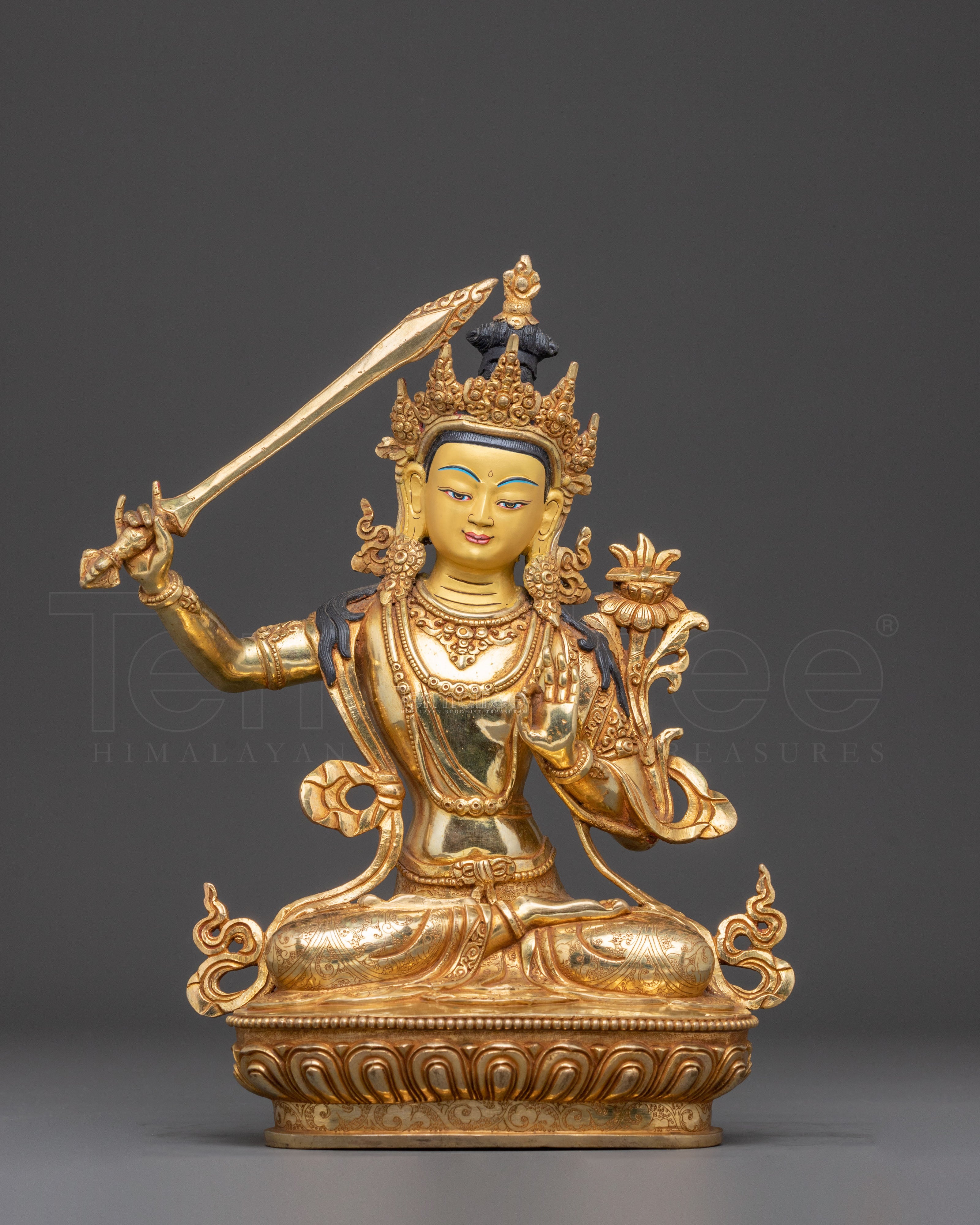 Handmade Manjushri Buddhist Statue: 24K Gold Gilded