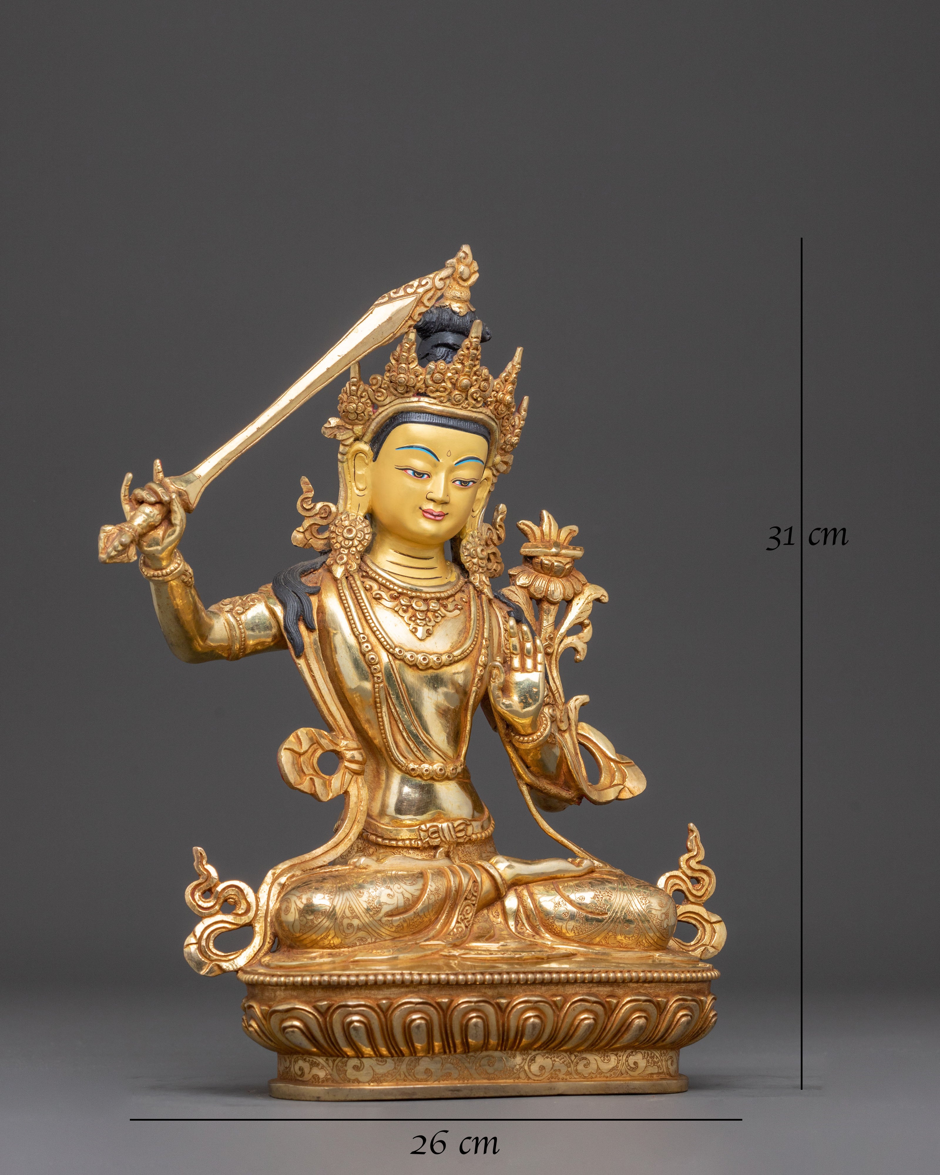 Handmade Manjushri Buddhist Statue: 24K Gold Gilded