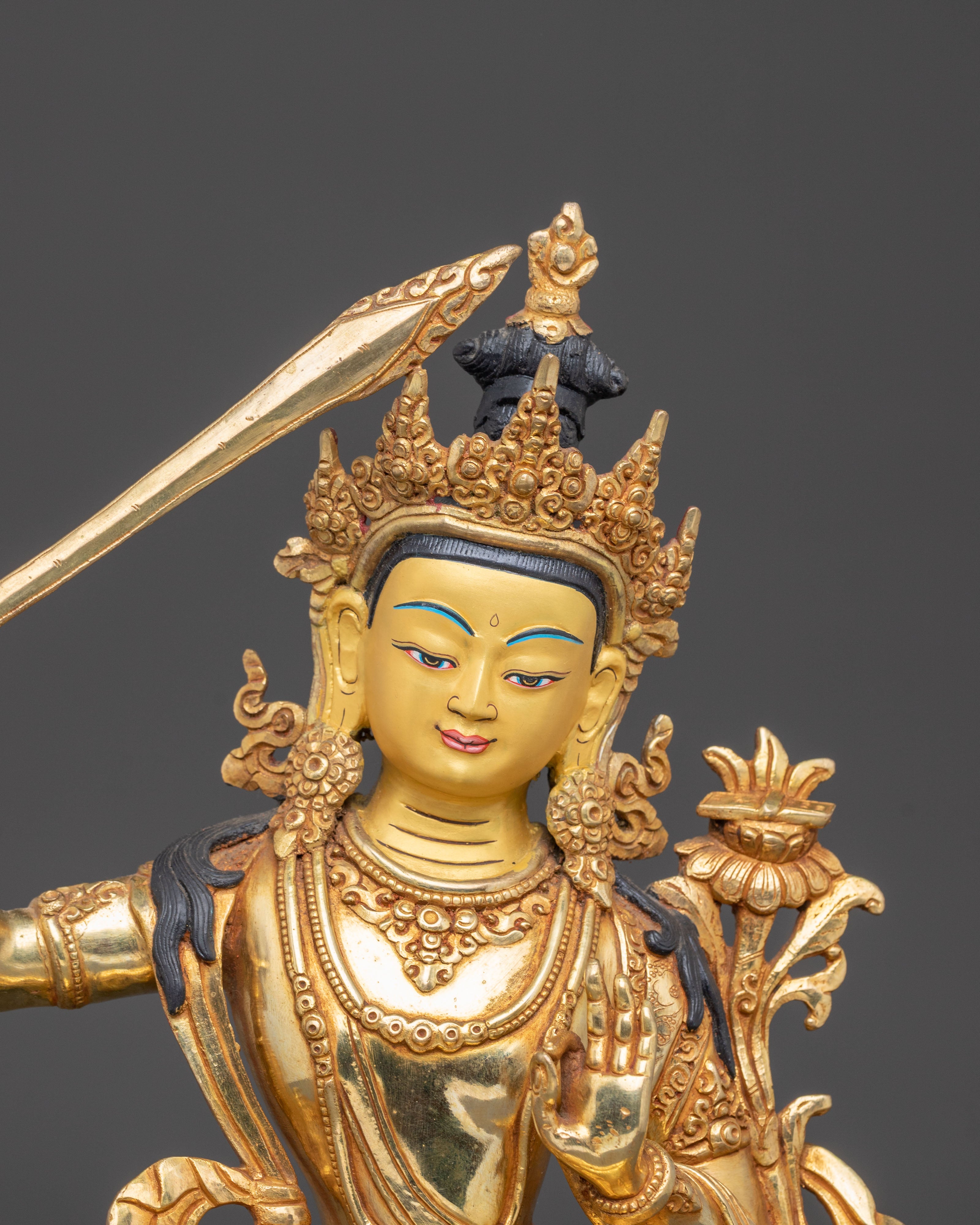 Handmade Manjushri Buddhist Statue: 24K Gold Gilded