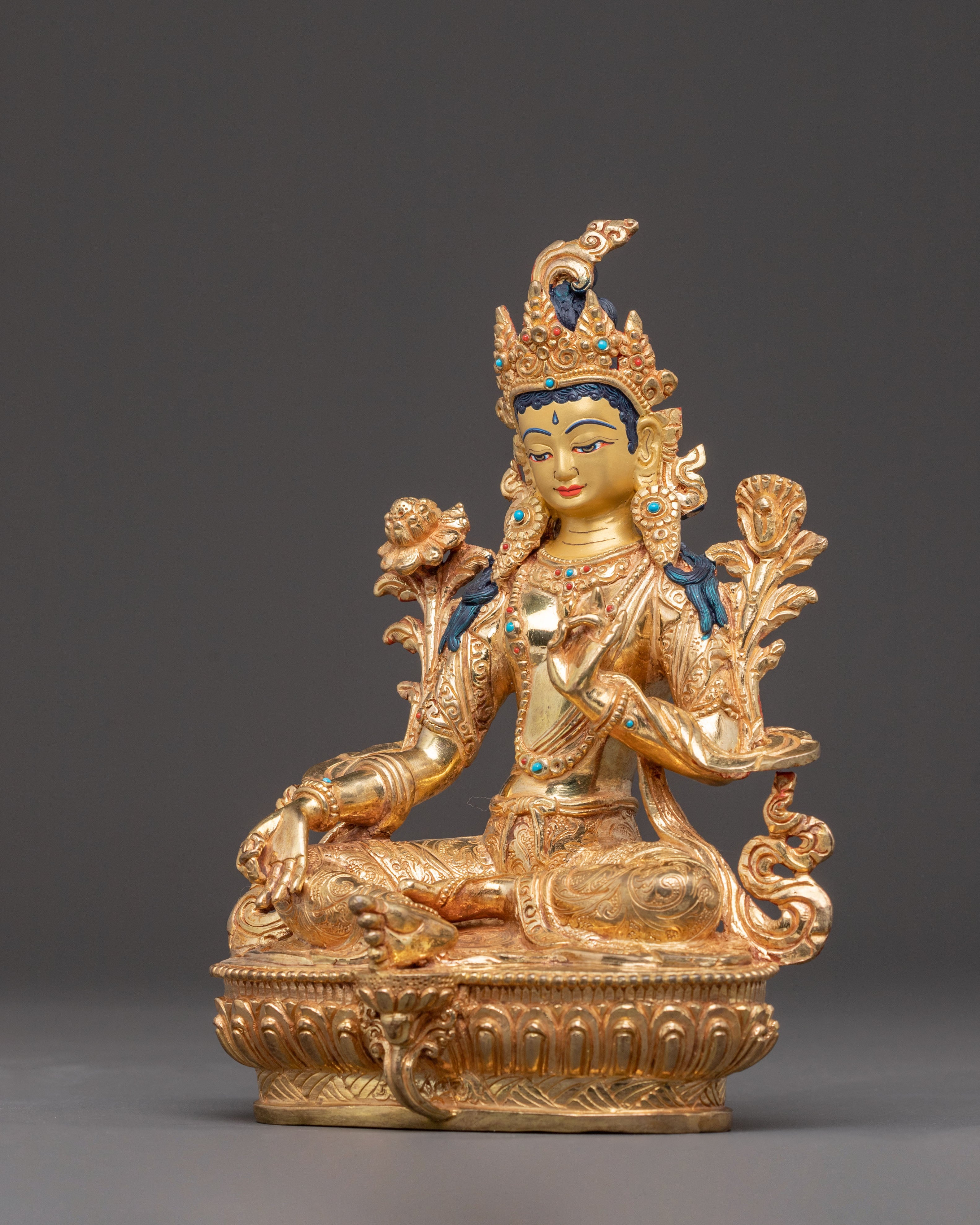 Green Tara Handmade Statue of Love and Compassion - Gilded Copper Art