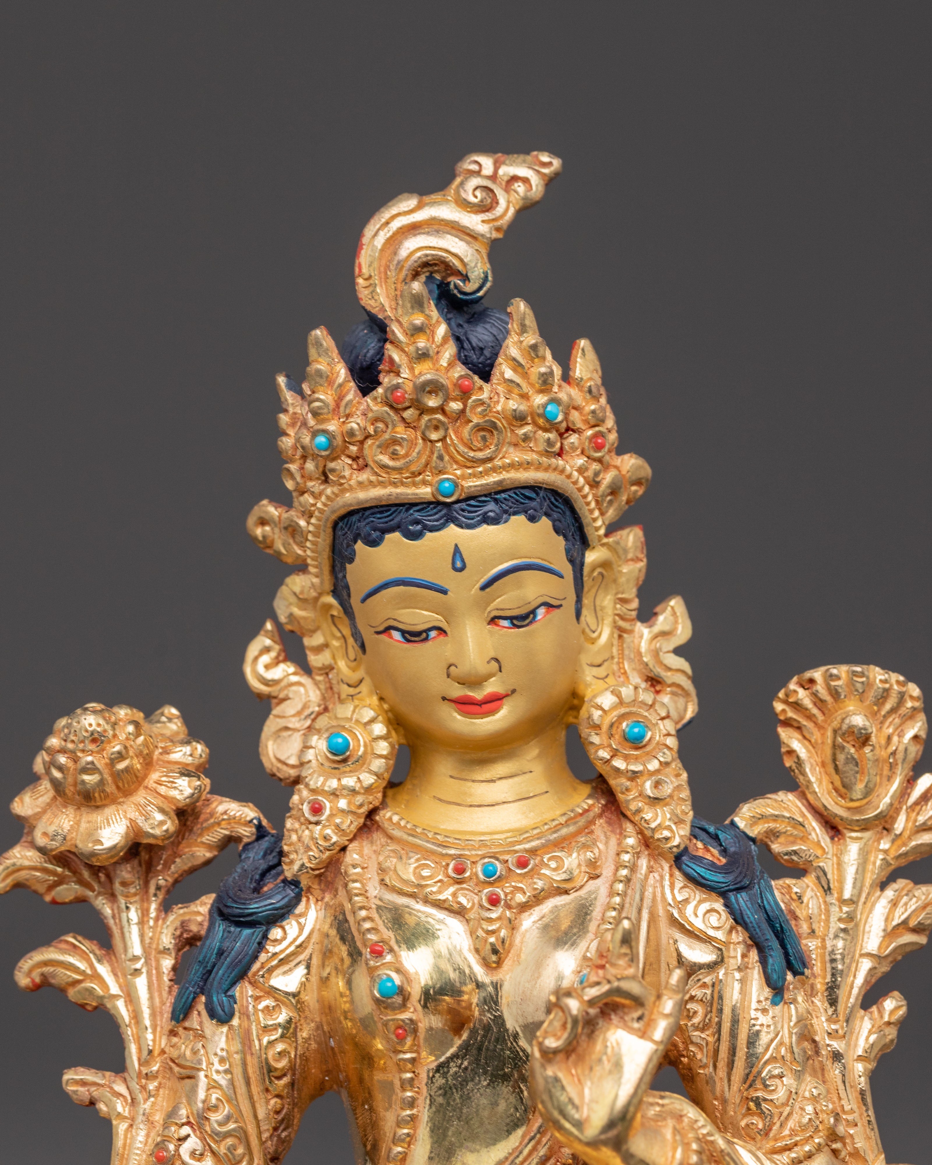 Green Tara Handmade Statue of Love and Compassion - Gilded Copper Art