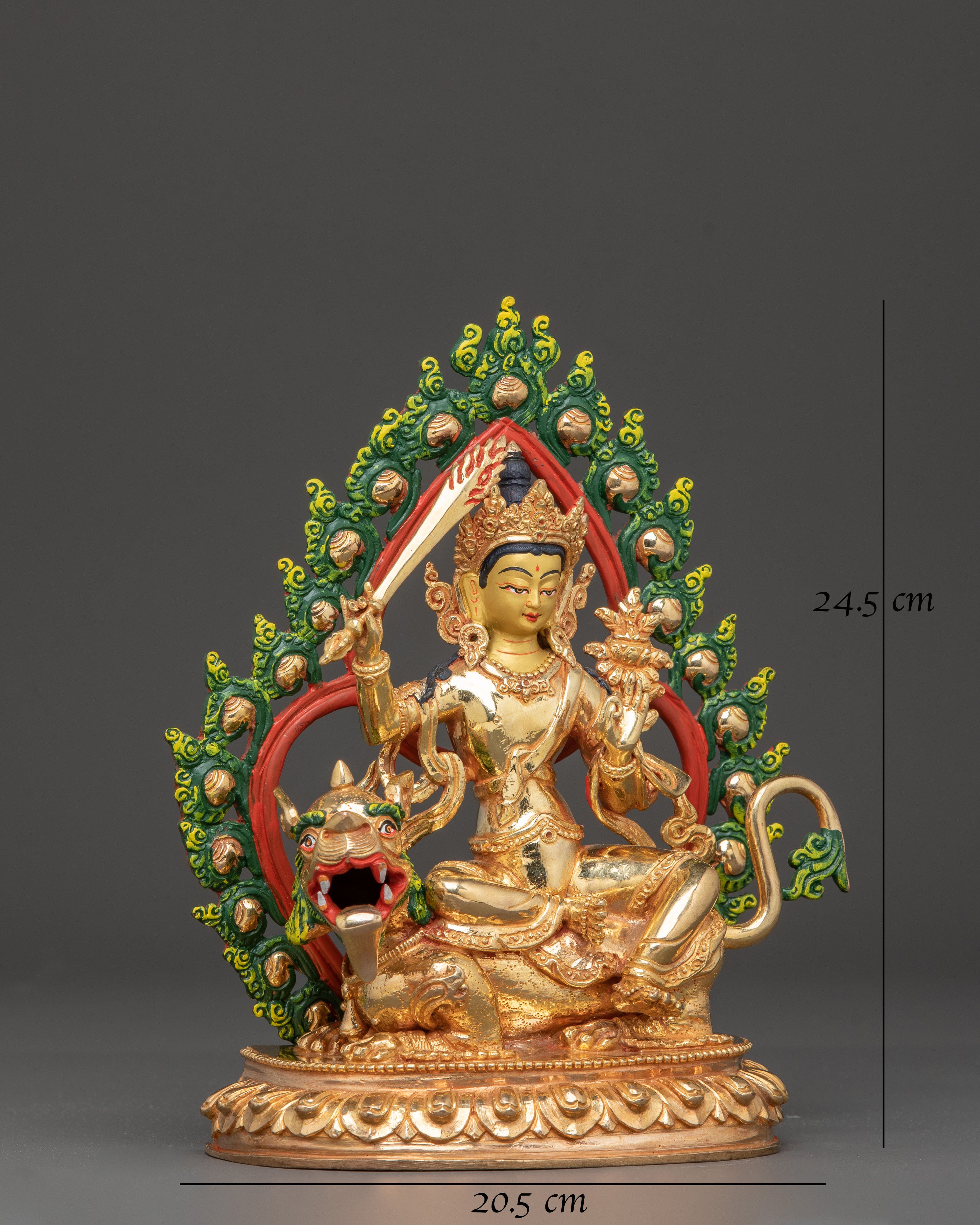 Handmade Simhanada Manjushri Golden Statue - Radiant Wisdom Art