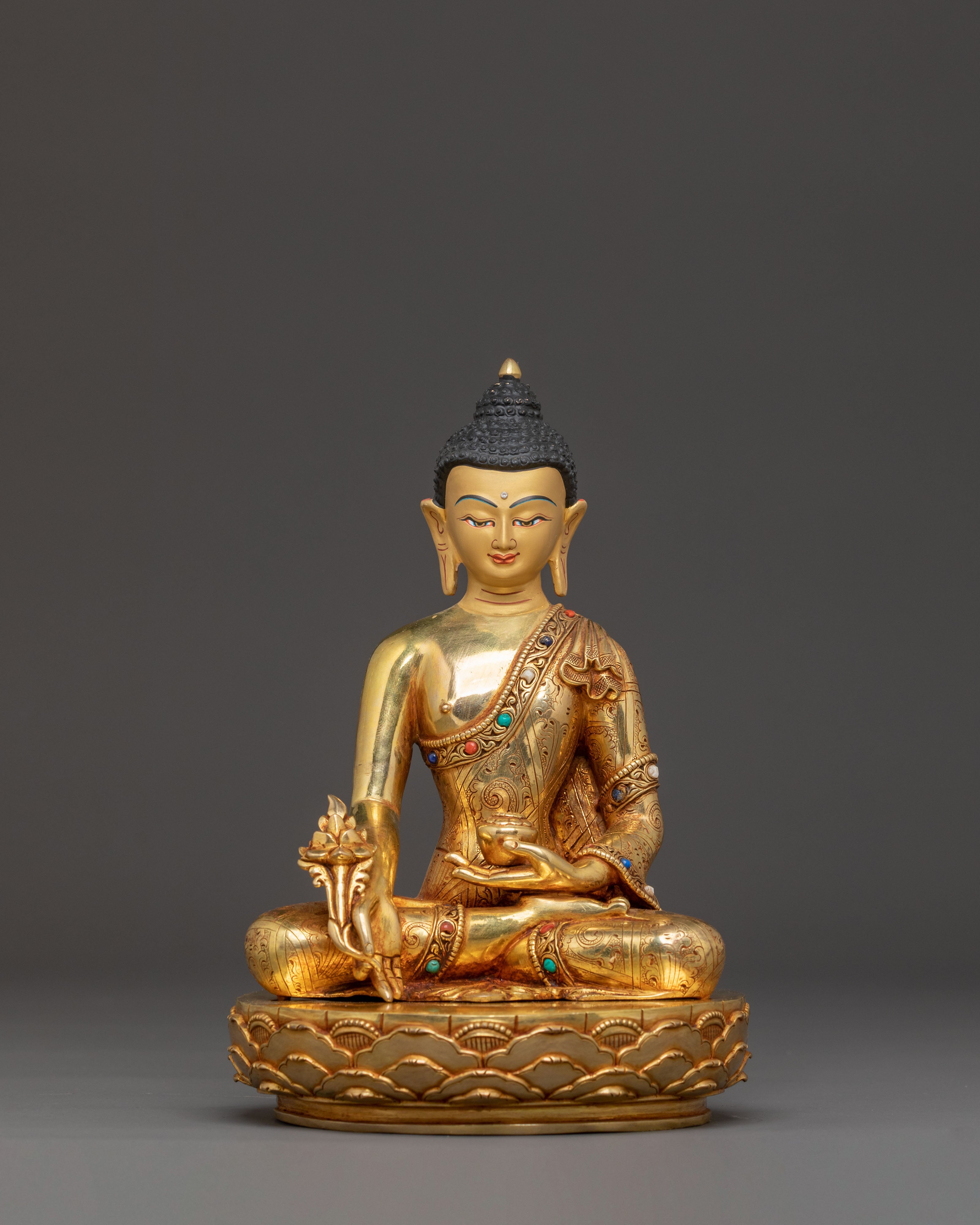 Handmade Statue of Healing Buddha - Exquisite Gilded Copper Art