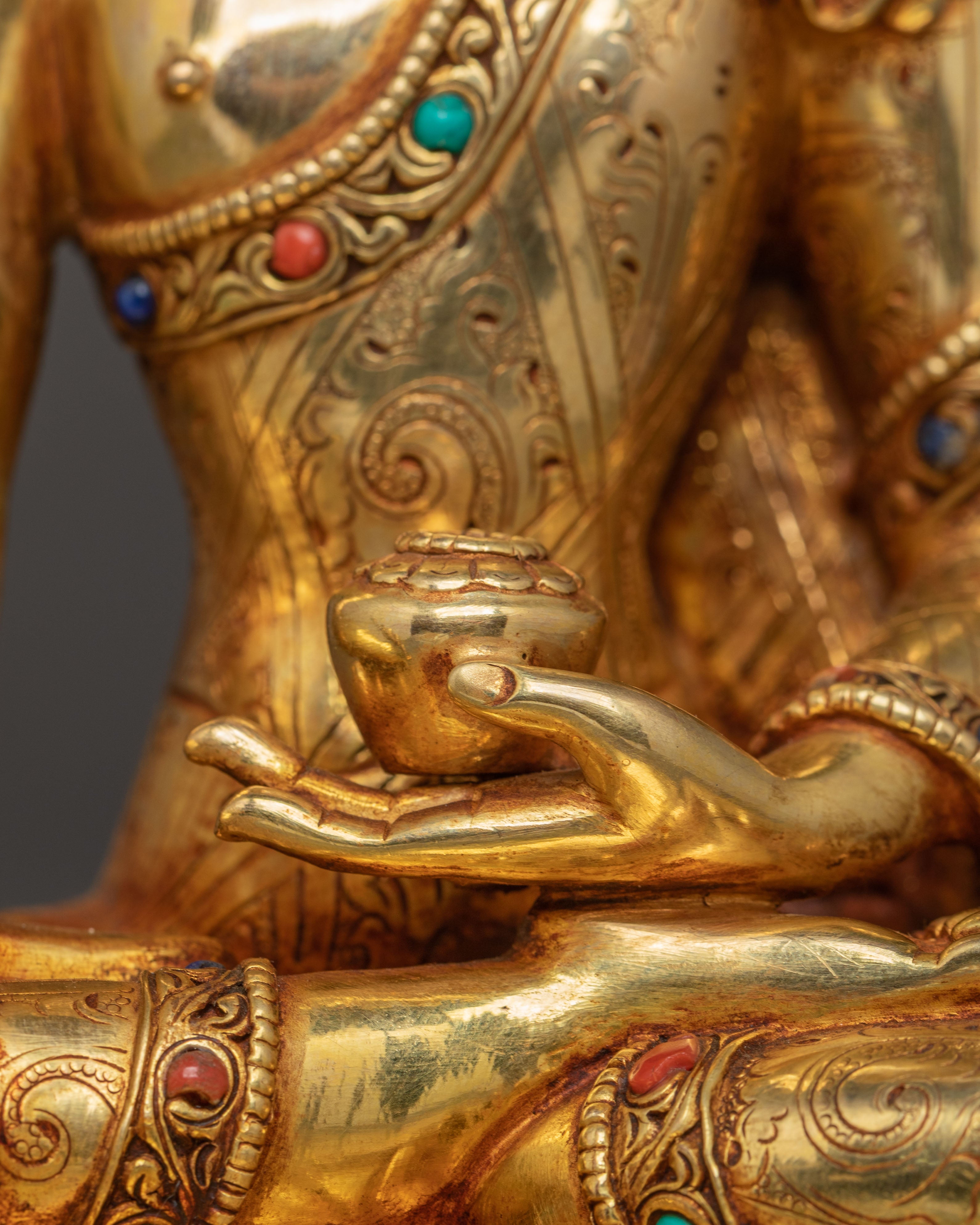 Handmade Statue of Healing Buddha - Exquisite Gilded Copper Art