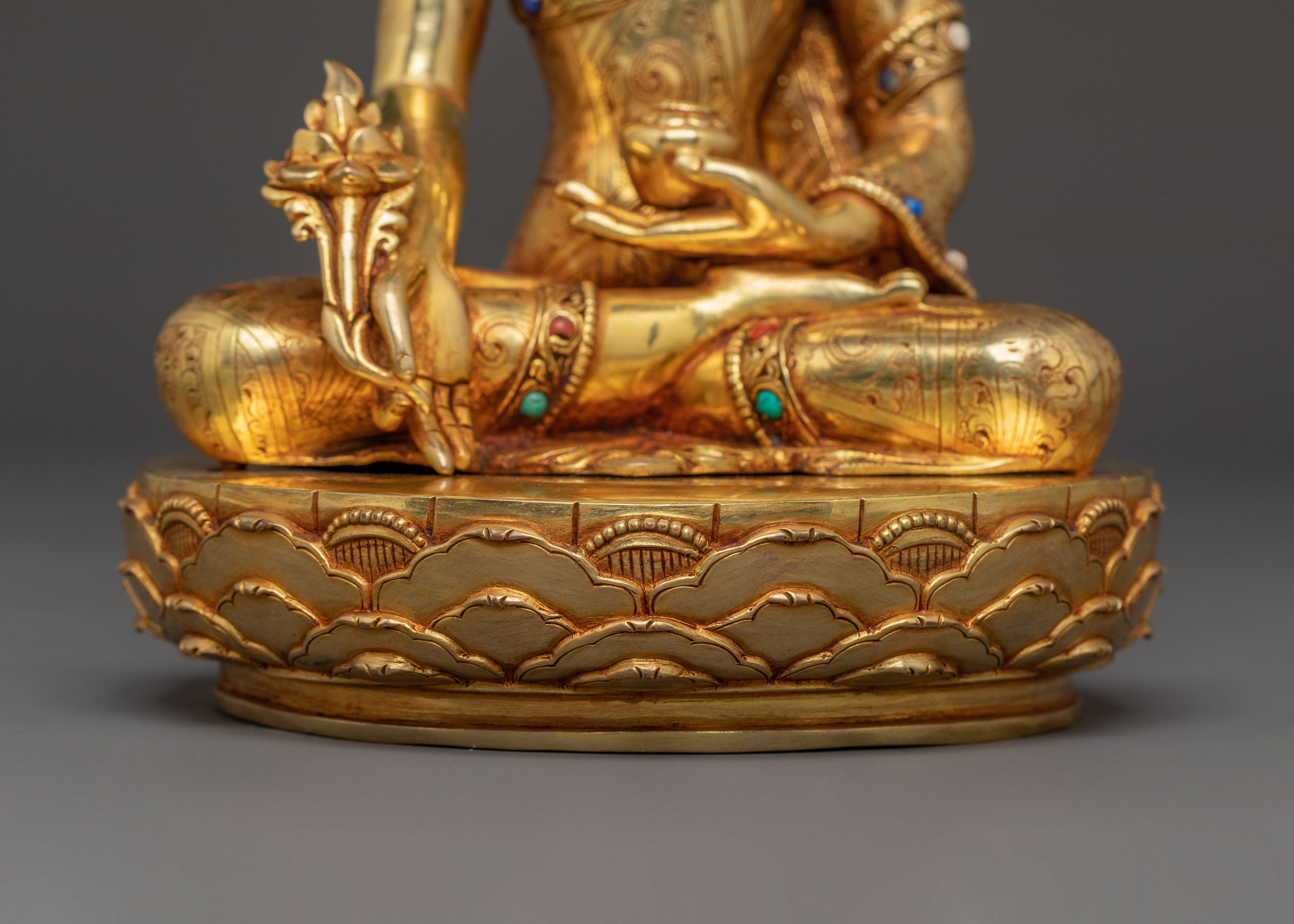 Handmade Statue of Healing Buddha - Exquisite Gilded Copper Art