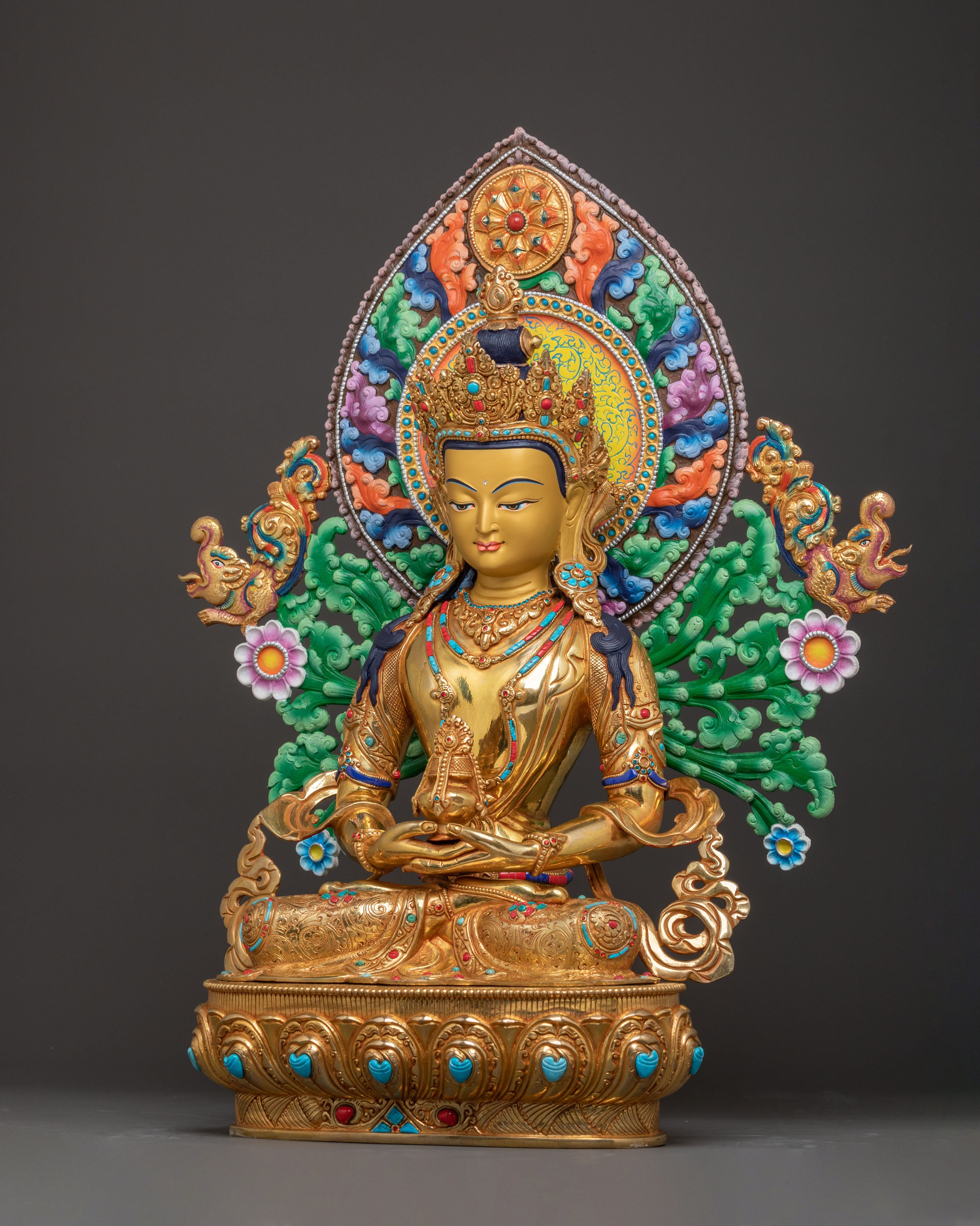 Sacred Long Life Deity Amitayus – Exquisite 24K Gold Gilded Statue