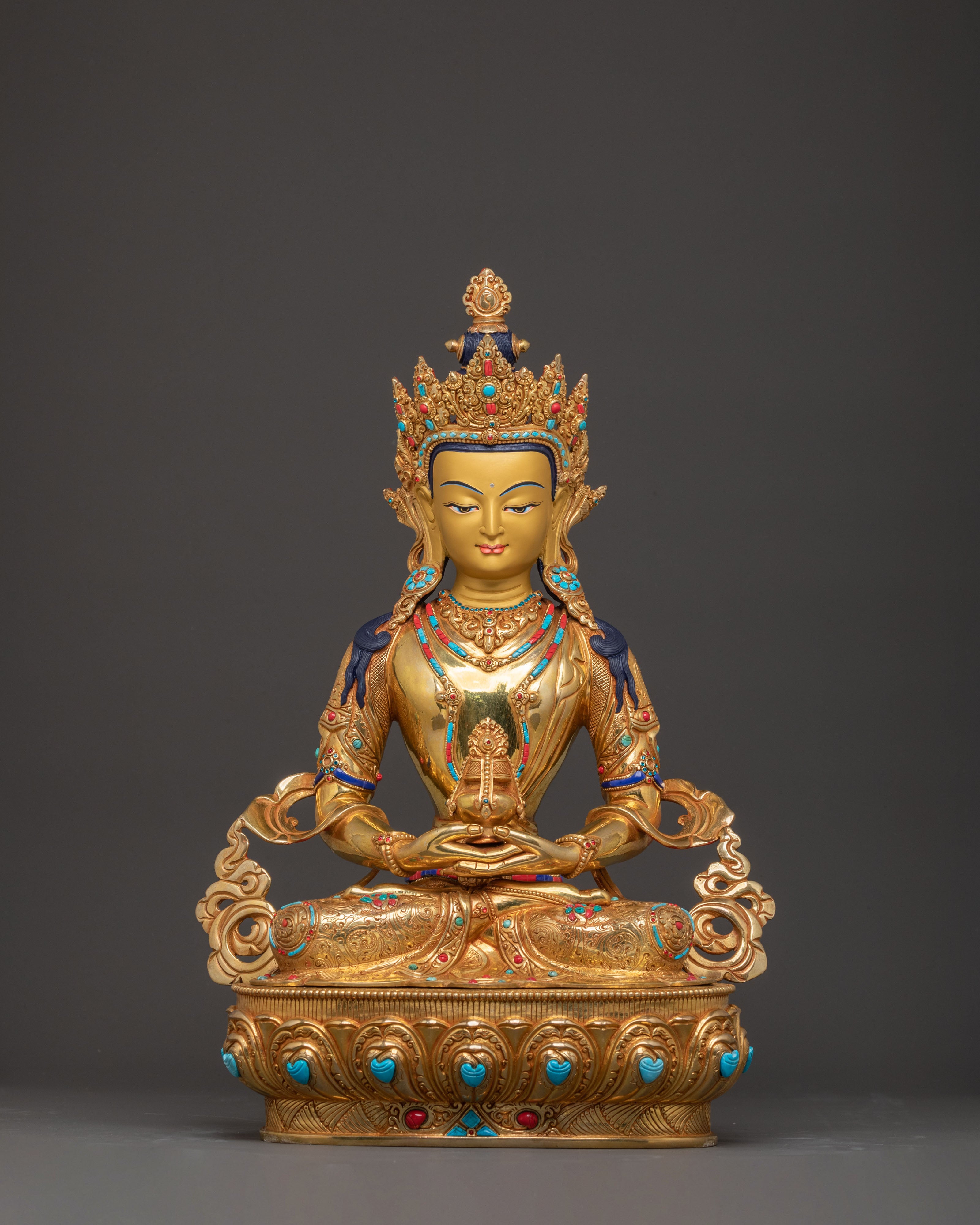 Sacred Long Life Deity Amitayus – Exquisite 24K Gold Gilded Statue
