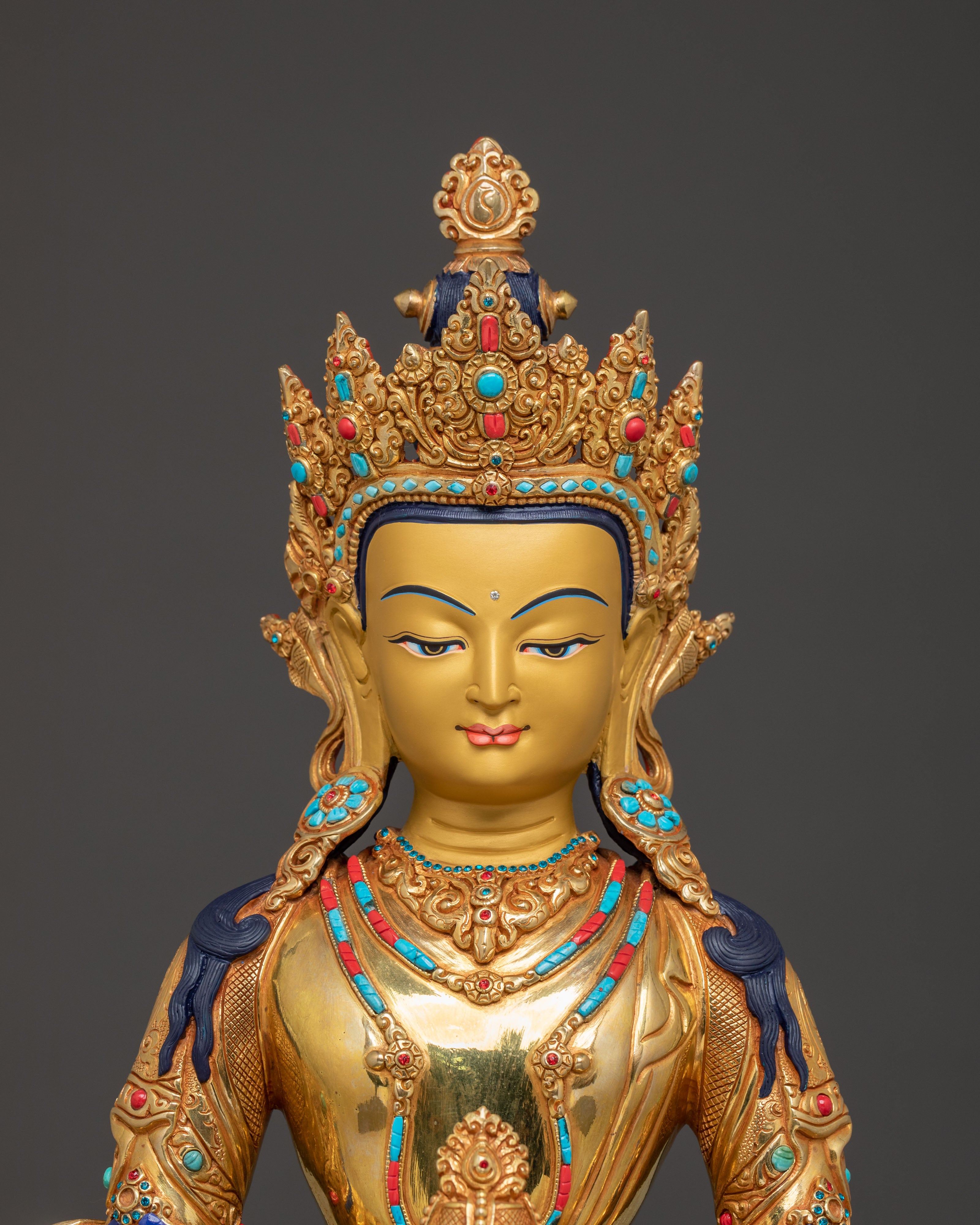 Sacred Long Life Deity Amitayus – Exquisite 24K Gold Gilded Statue