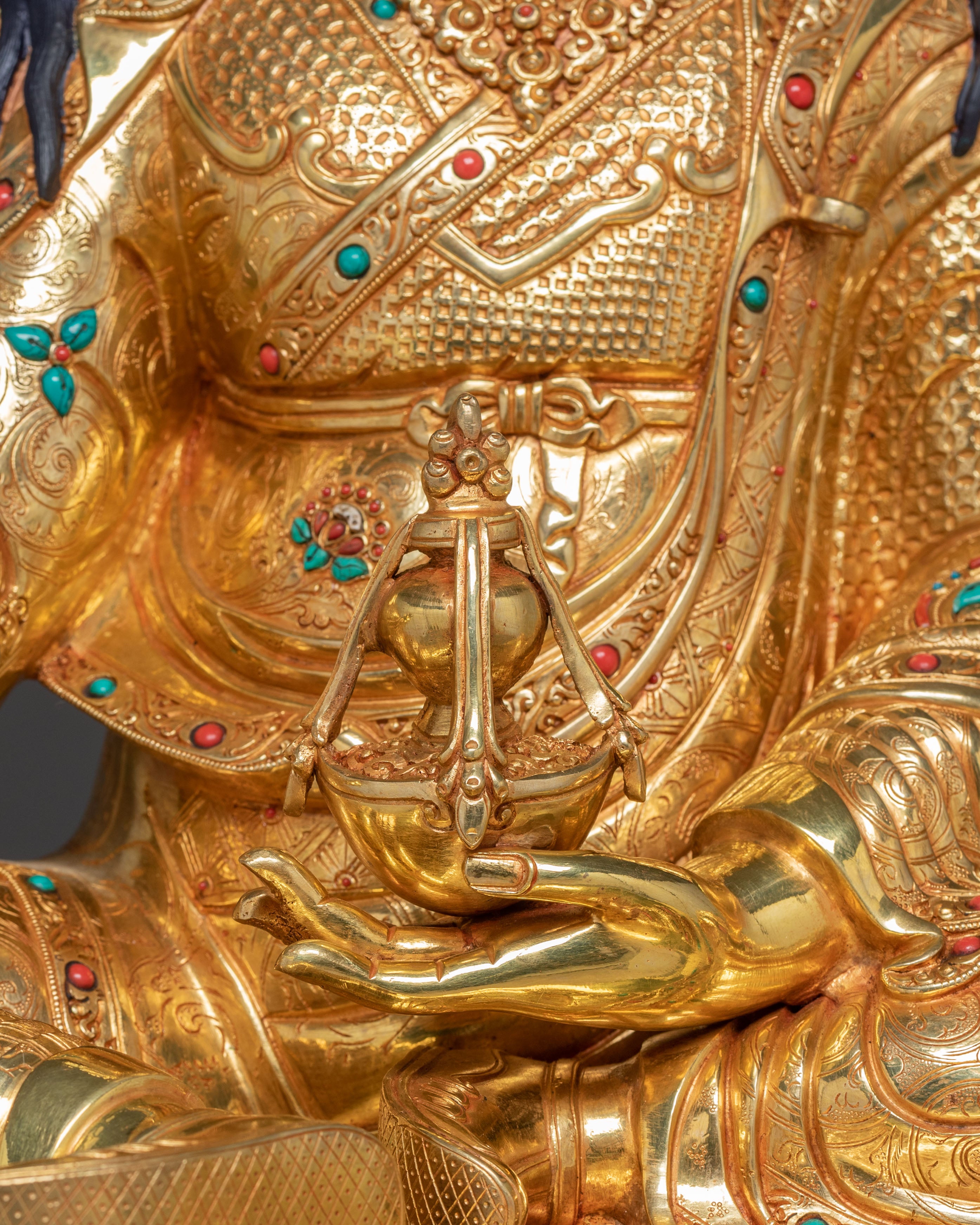 Radiant Guru Rinpoche Statue with Torana - 24k Gold Gilded