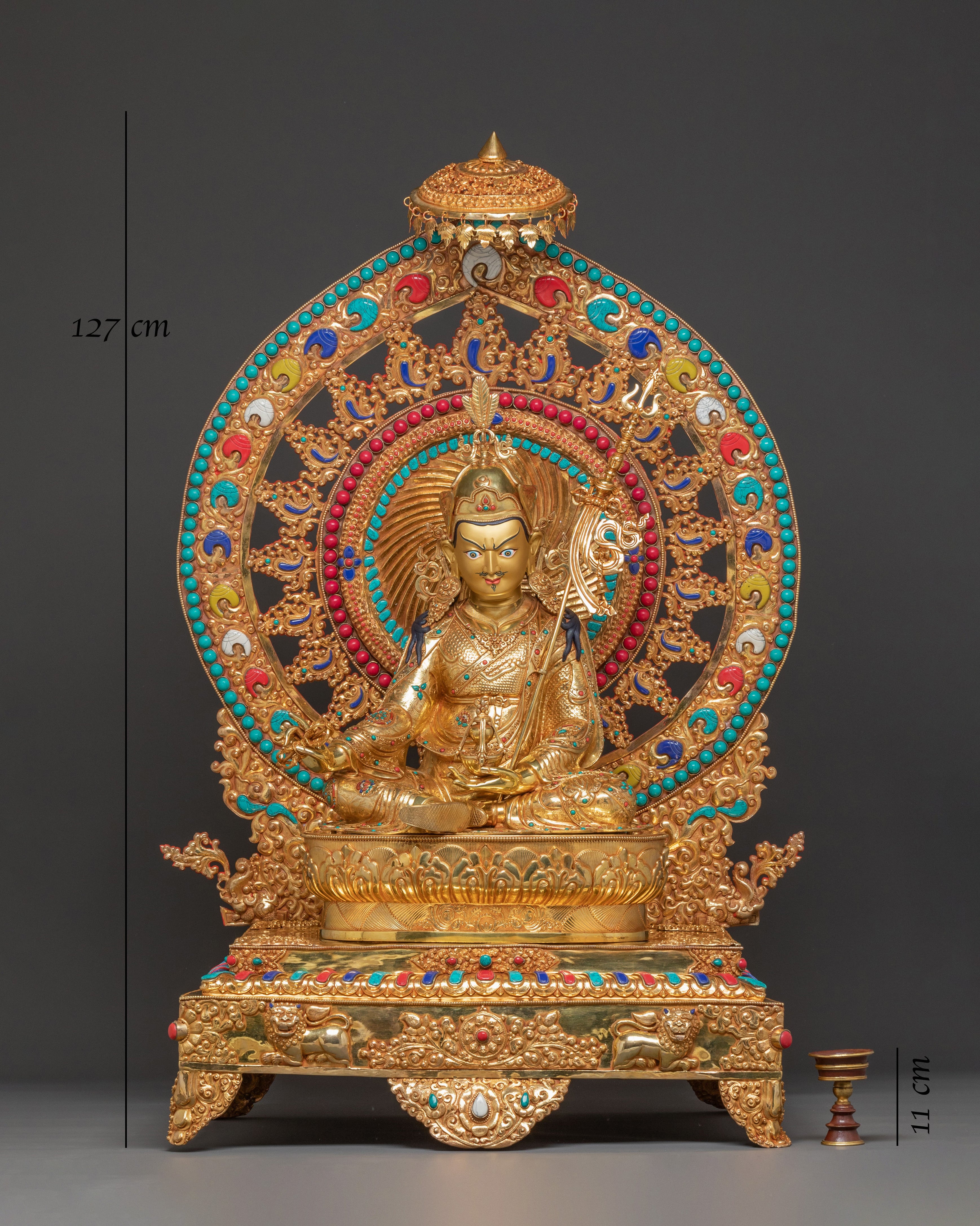 Radiant Guru Rinpoche Statue with Torana - 24k Gold Gilded