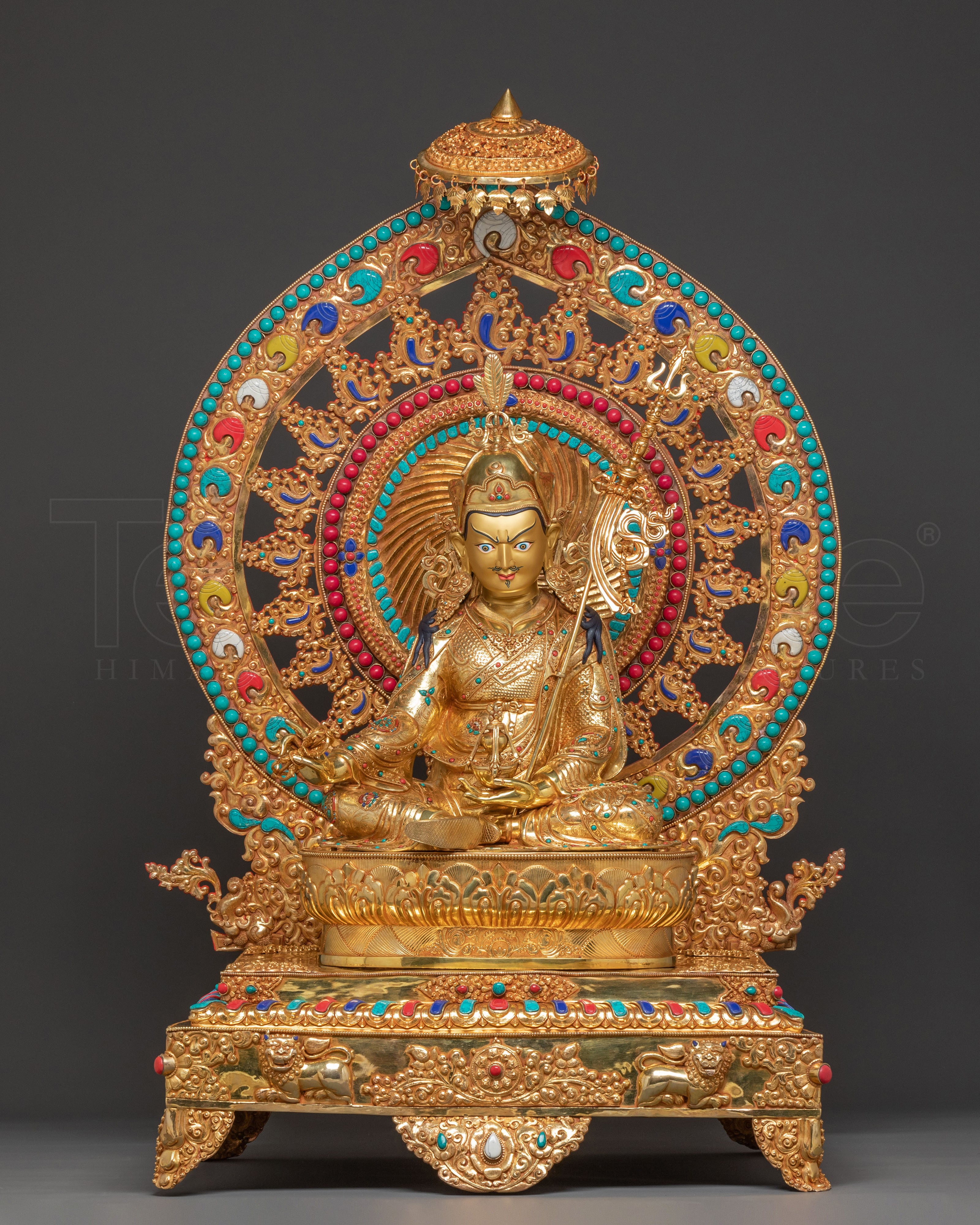 Radiant Guru Rinpoche Statue with Torana - 24k Gold Gilded