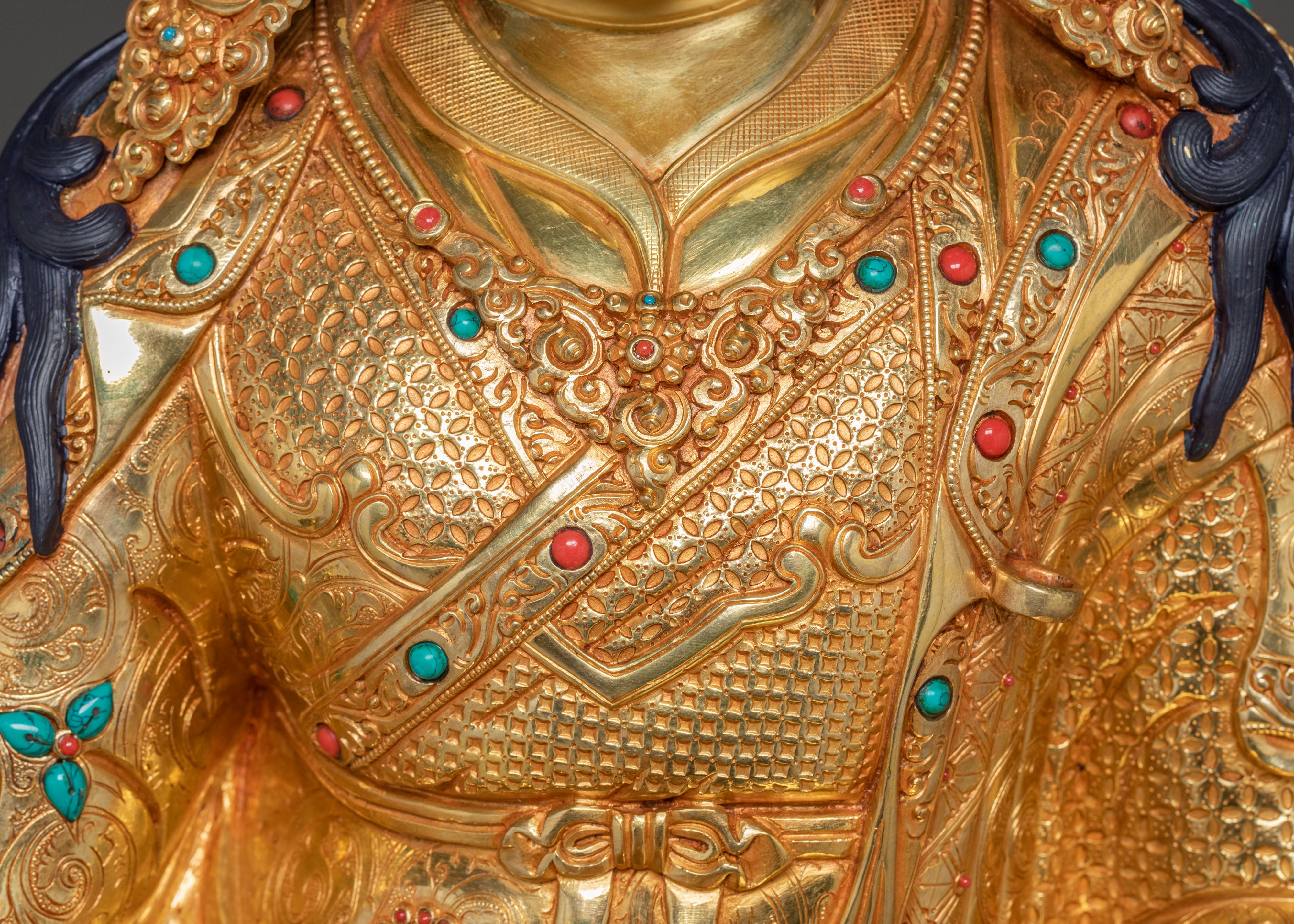 Radiant Guru Rinpoche Statue with Torana - 24k Gold Gilded