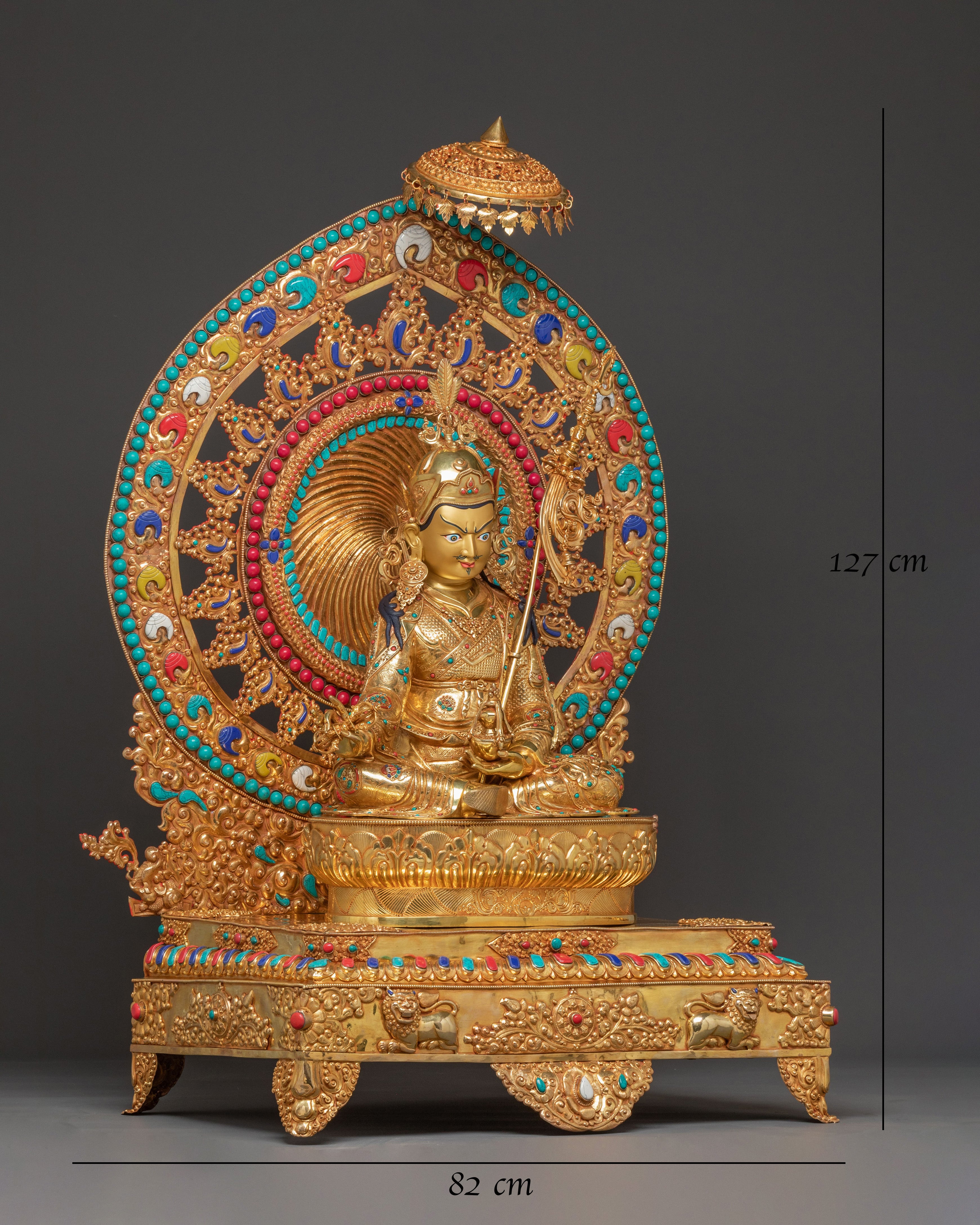 Radiant Guru Rinpoche Statue with Torana - 24k Gold Gilded