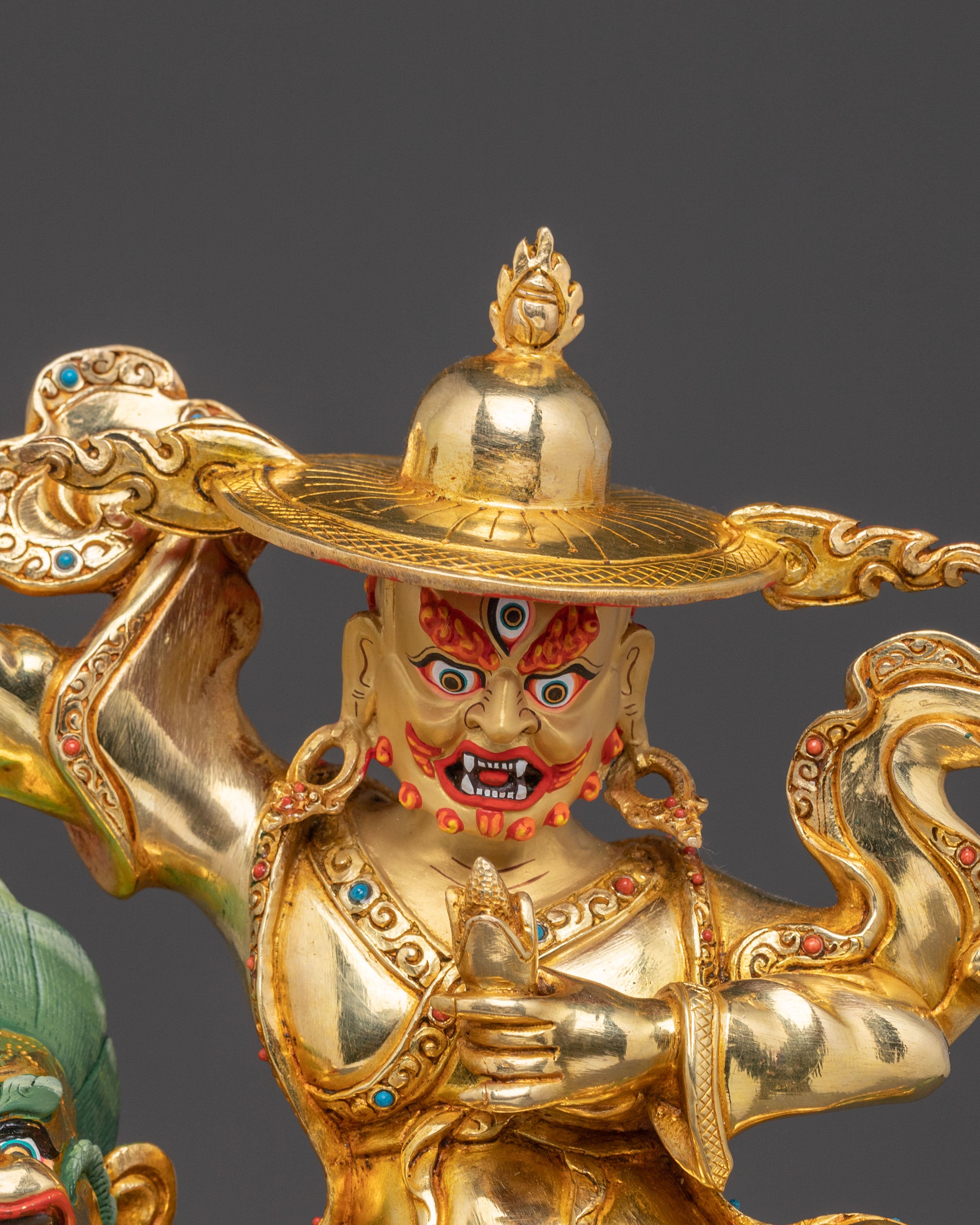 24K Gold Gilded Three Nyingma Protectors Statue – Masterpiece of Patan