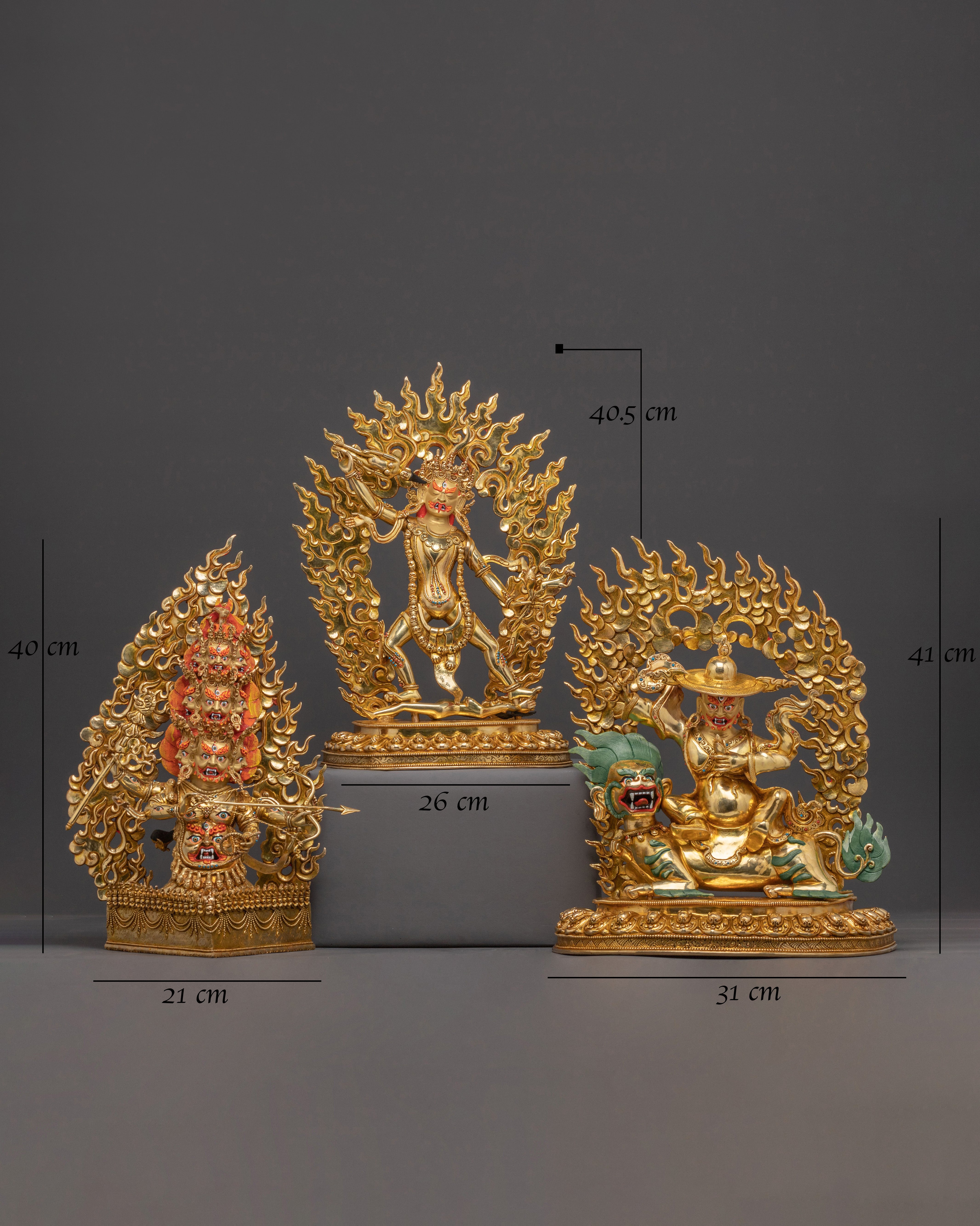 24K Gold Gilded Three Nyingma Protectors Statue – Masterpiece of Patan