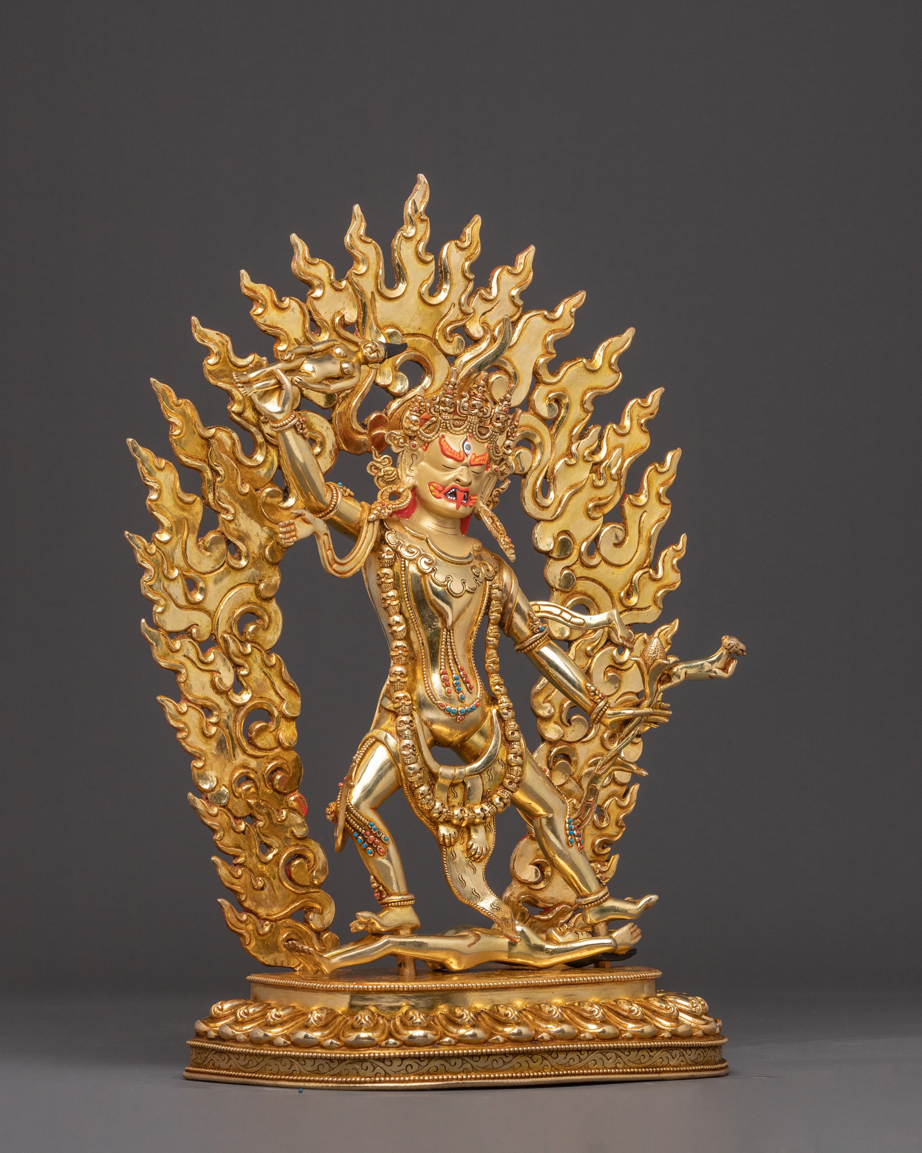 24K Gold Gilded Three Nyingma Protectors Statue – Masterpiece of Patan