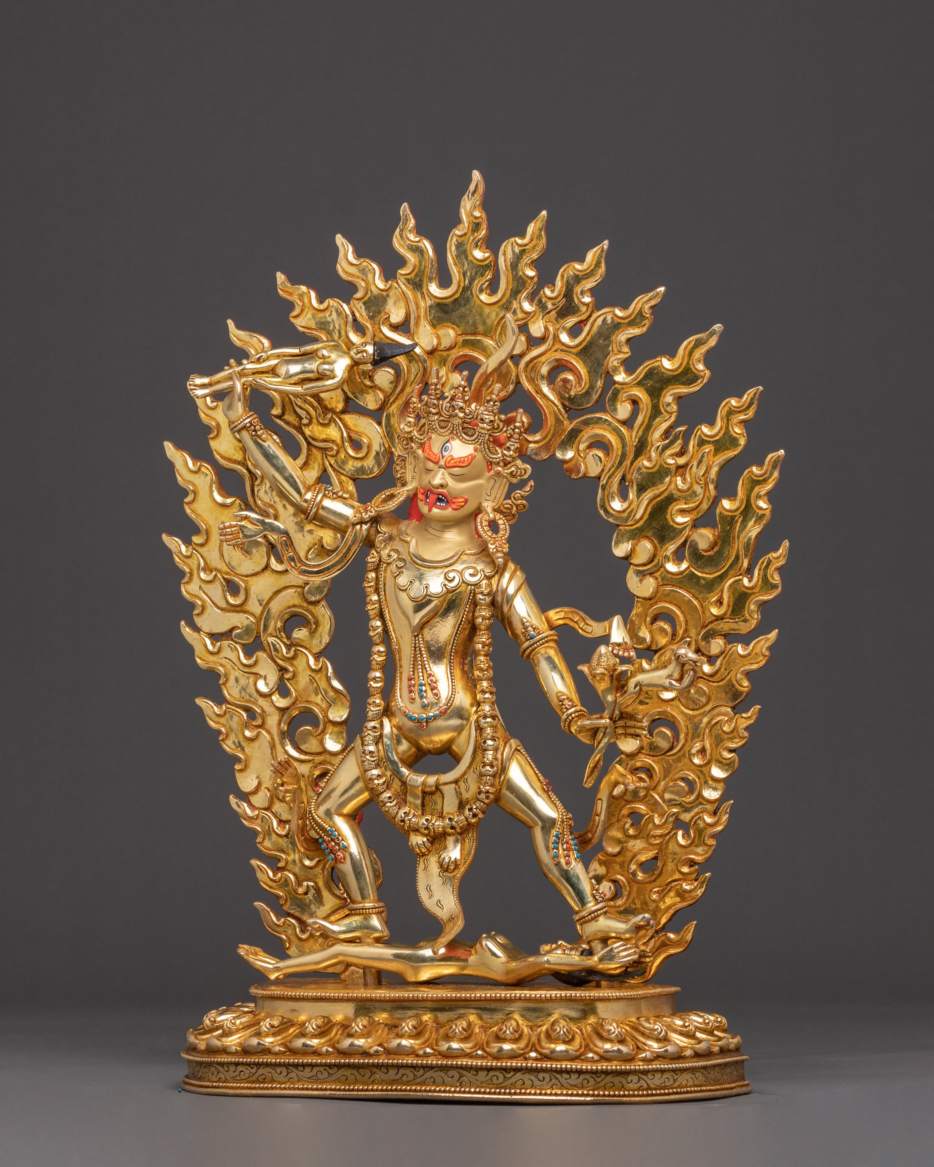 24K Gold Gilded Three Nyingma Protectors Statue – Masterpiece of Patan