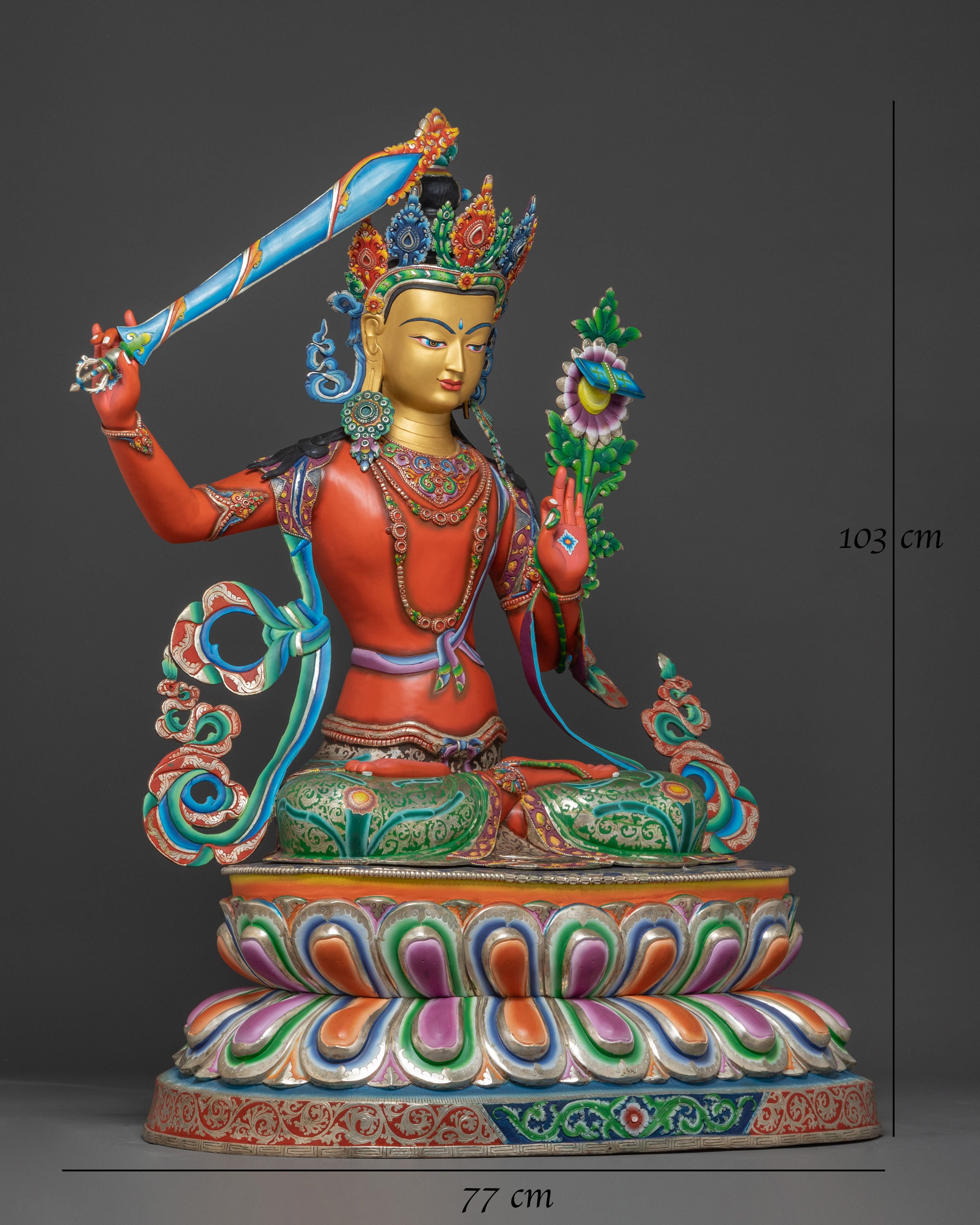 Handcrafted Spiritual Statue of Manjushri – Radiant Gold & Silver