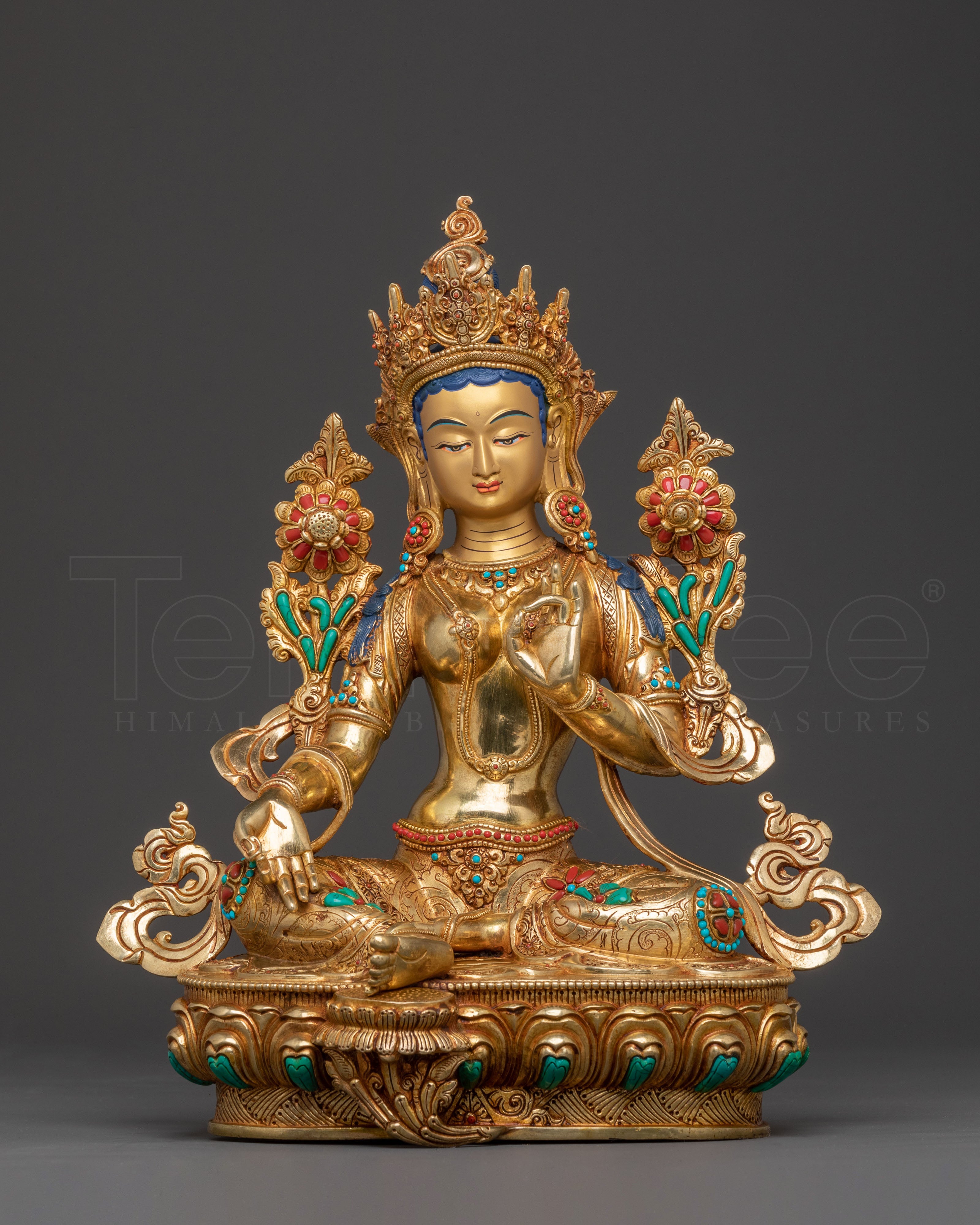 24k Gold Gilded Copper Green Tara Sculpture – Exquisite Himalayan Artistry
