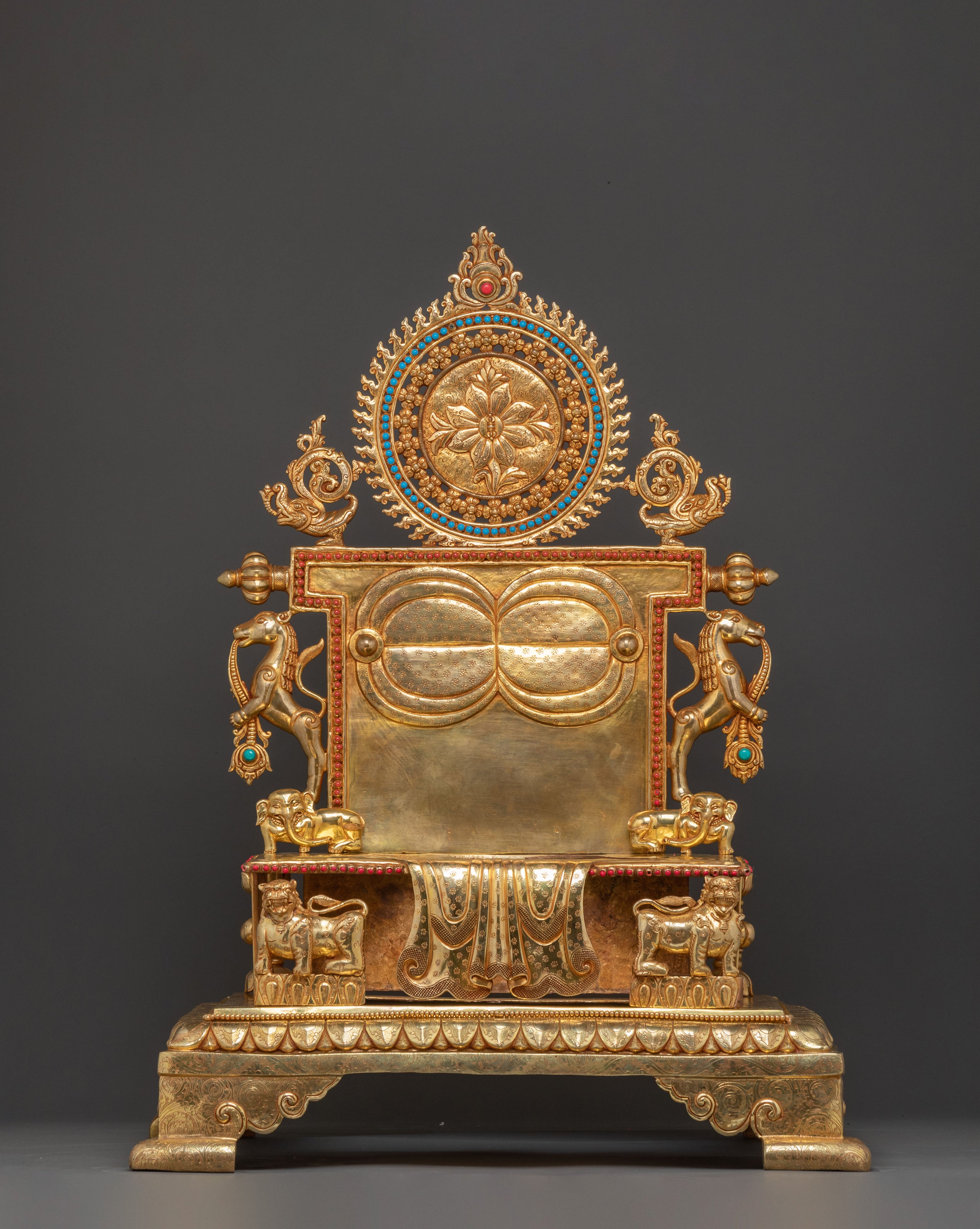 Sacred Statue of Shakyamuni Buddha in Throne – 24K Gold Gilded Artistry