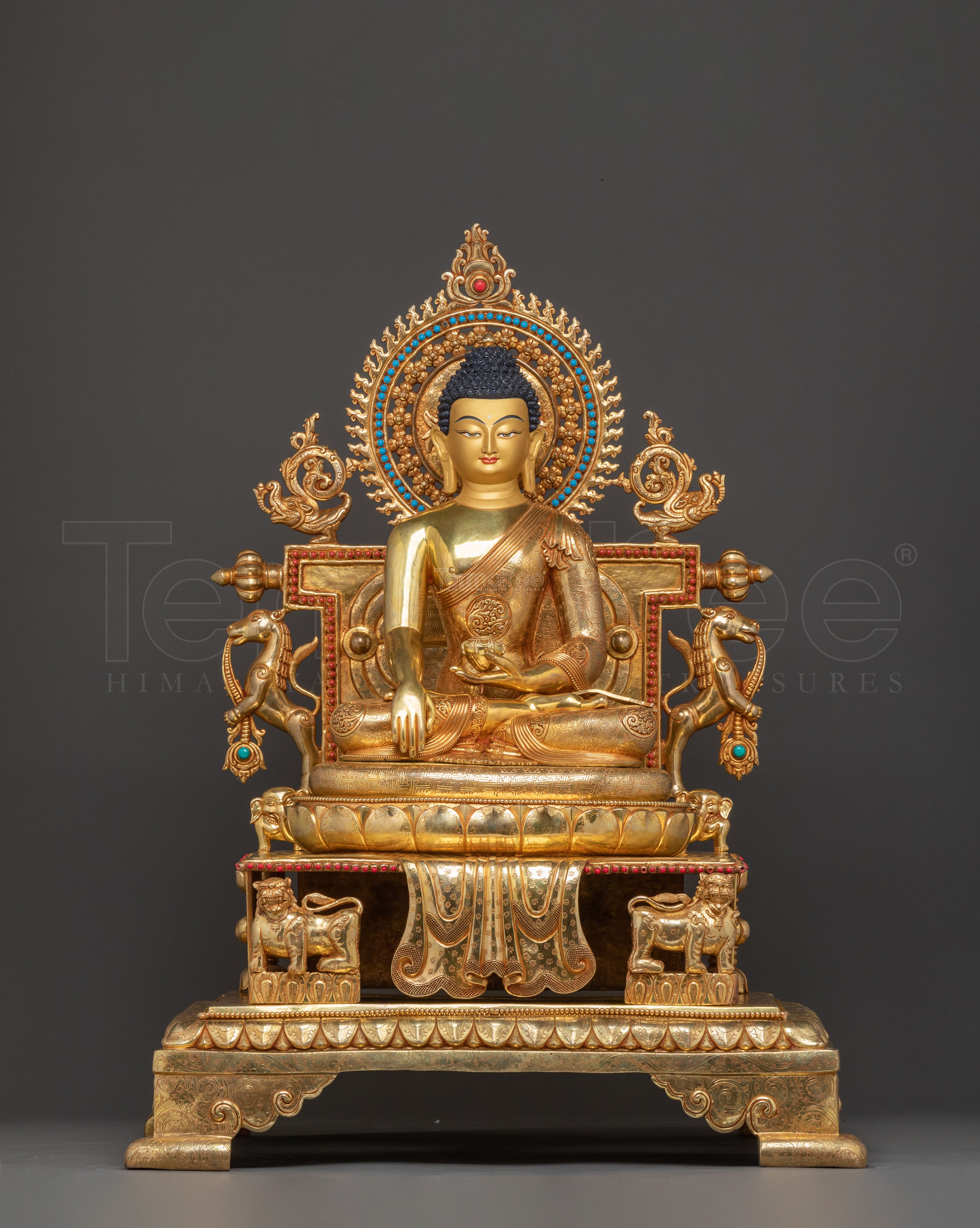 Sacred Statue of Shakyamuni Buddha in Throne – 24K Gold Gilded Artistry