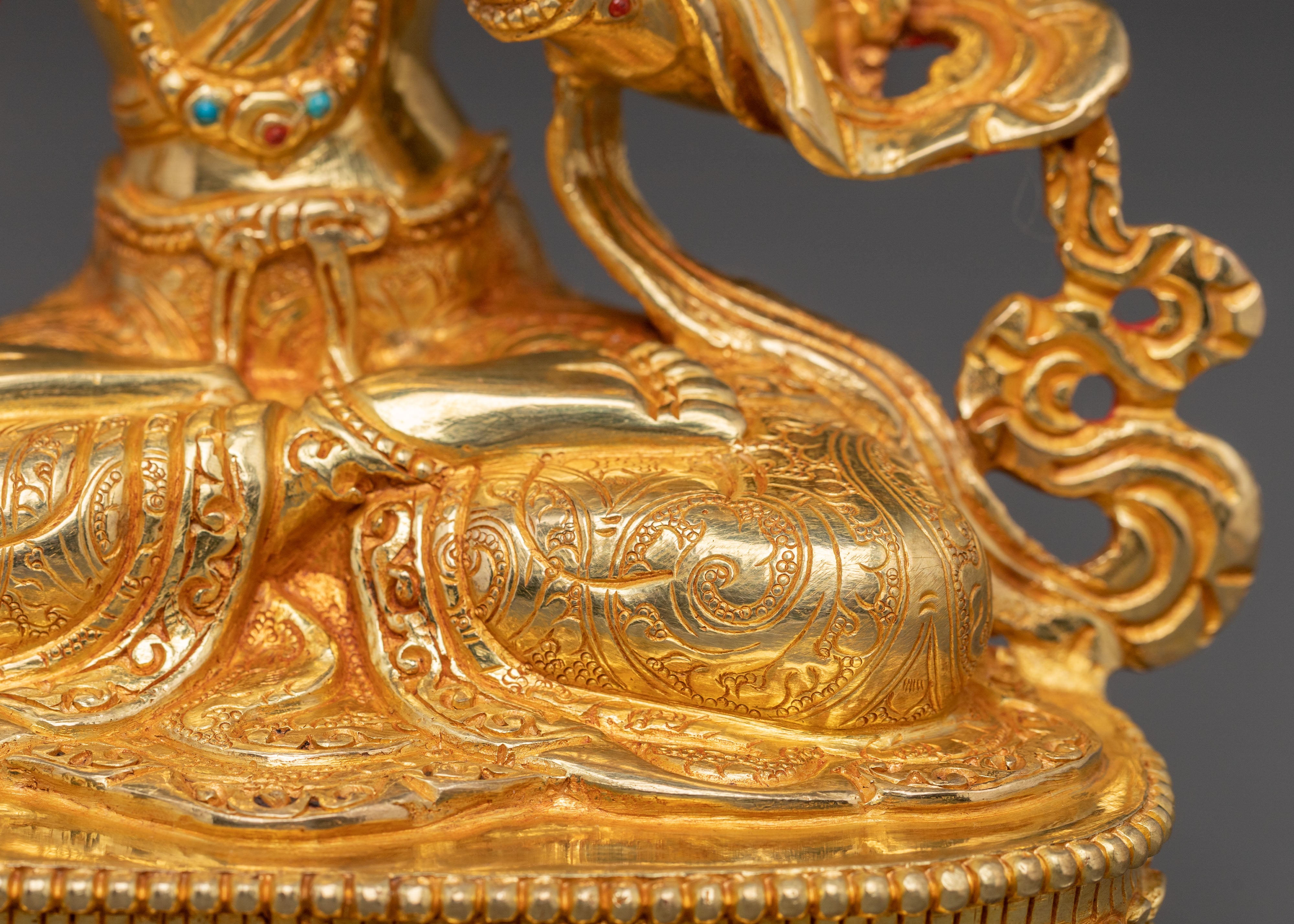 Handcrafted Manjushri Sacred Statue – Gilded Copper & Gemstone Art