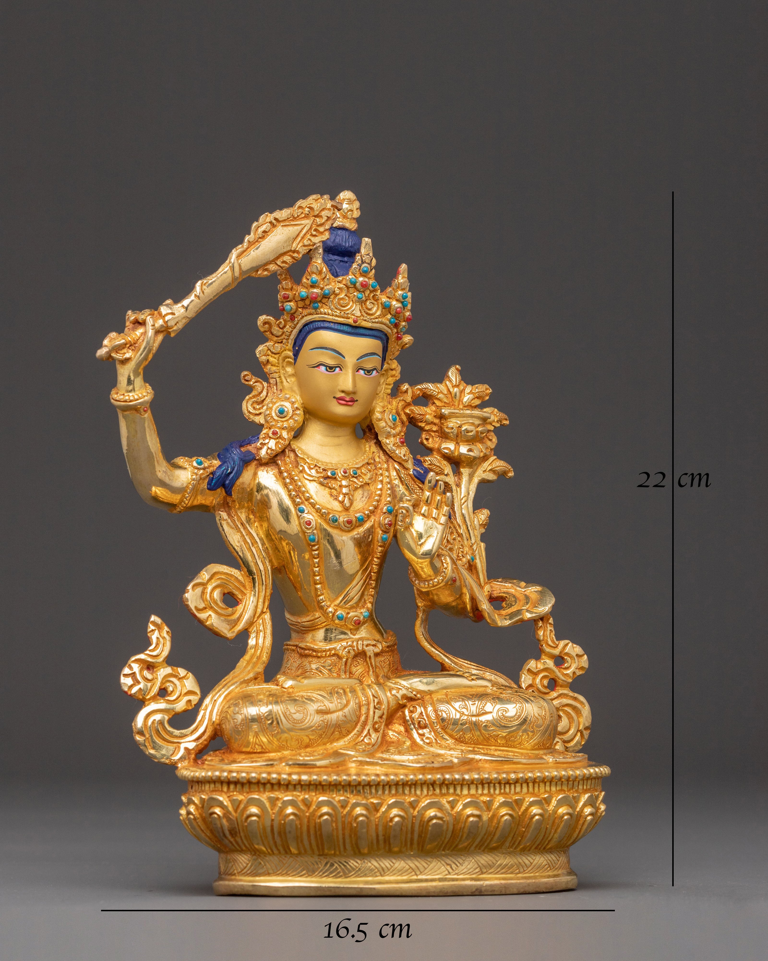 Handcrafted Manjushri Sacred Statue – Gilded Copper & Gemstone Art