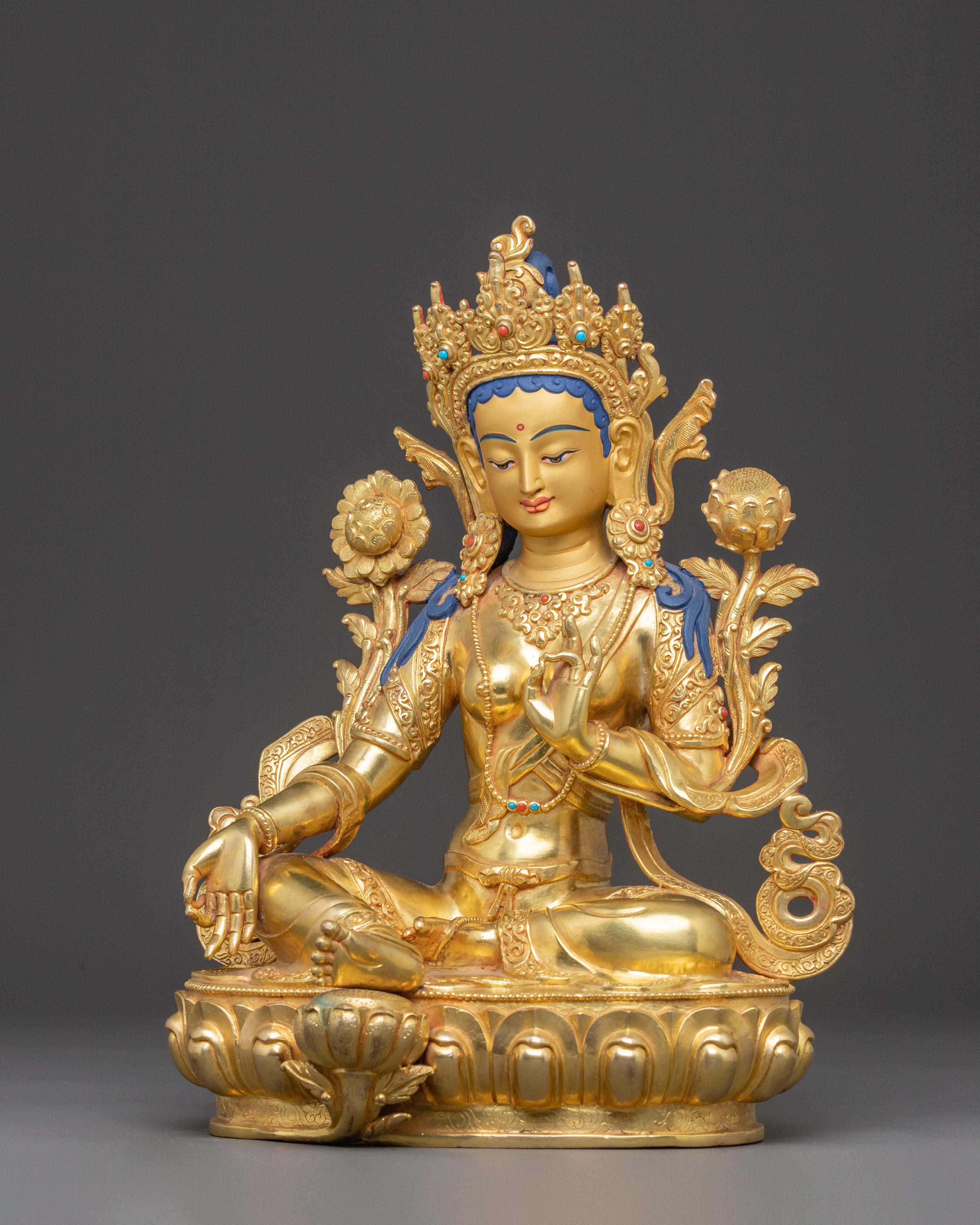 Green Tara Compassionate Statue – 24K Gilded Copper Art