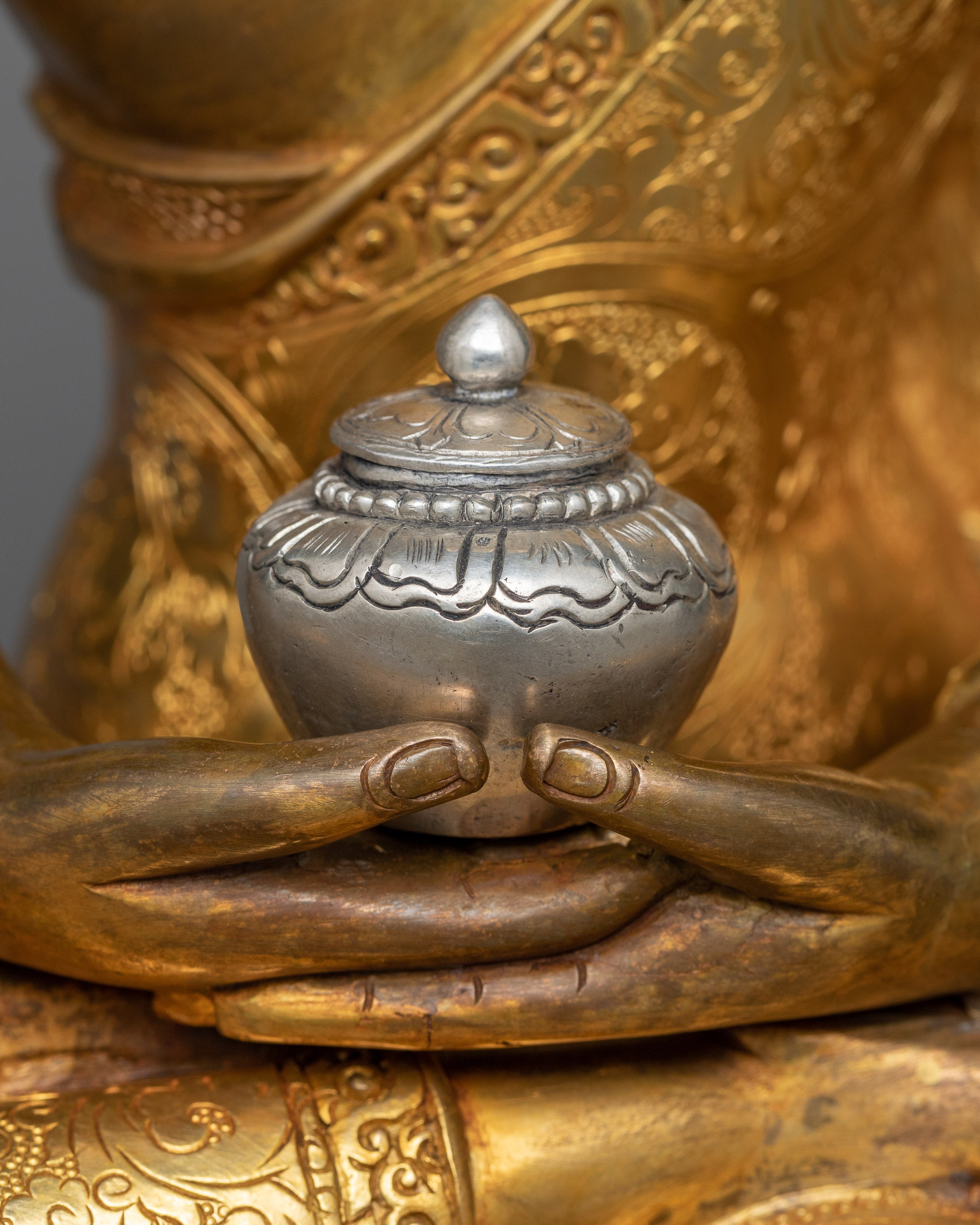 Amitabha Buddha Sacred Statue | Antique Elegance in Gold and Silver