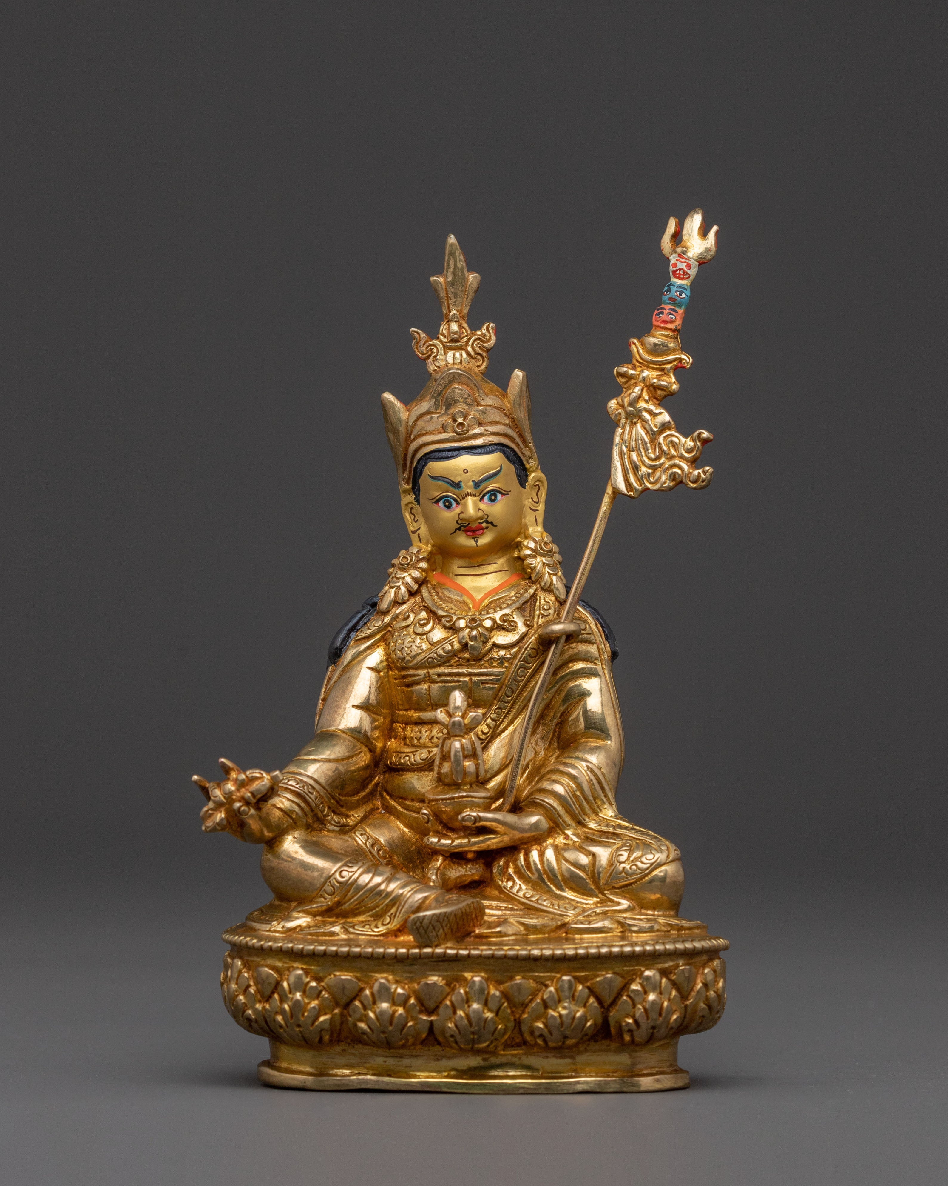 Divine Guru Rinpoche Sculpture – Hand-Gilded Copper Art