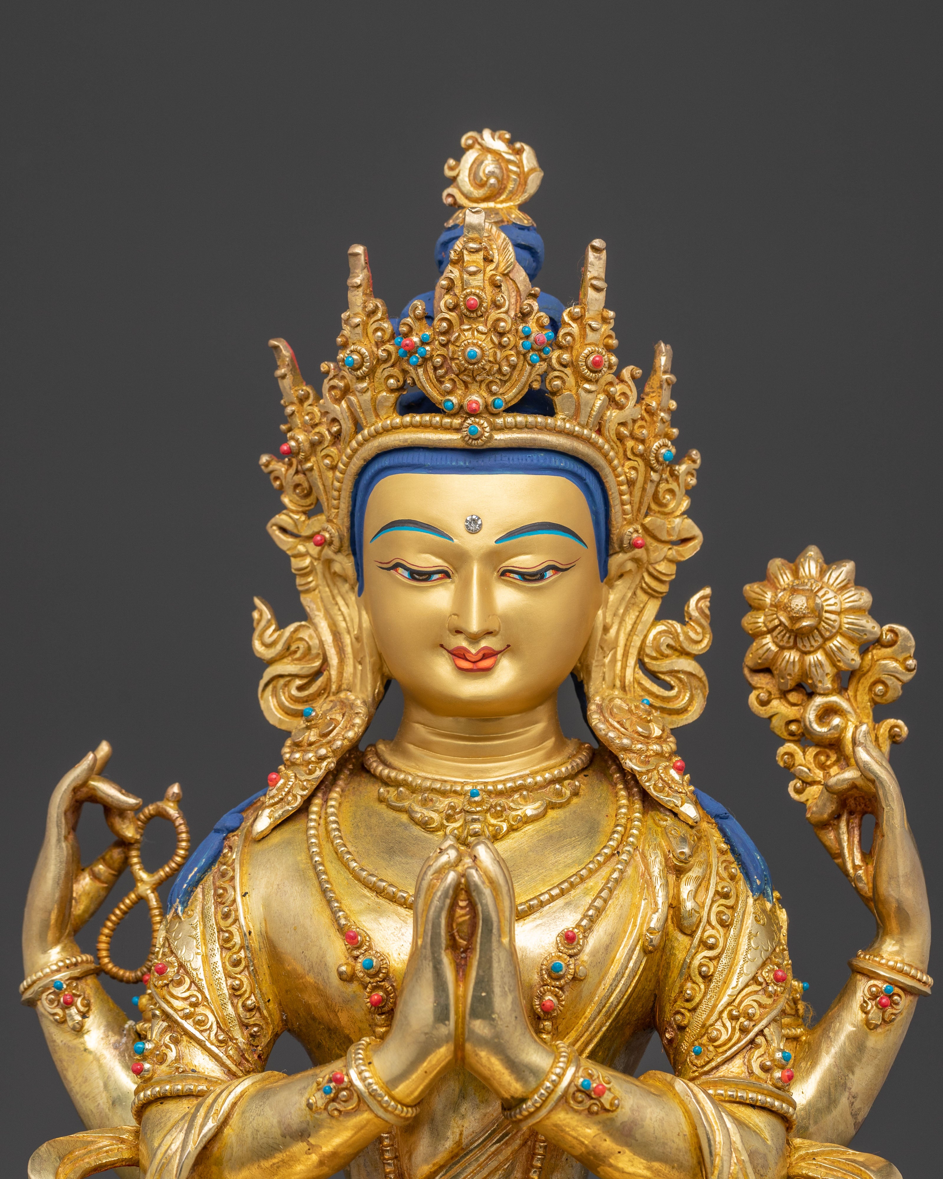 Handcrafted Golden Statue of Four Armed Chenrezig | Bodhisattva of Infinite Compassion