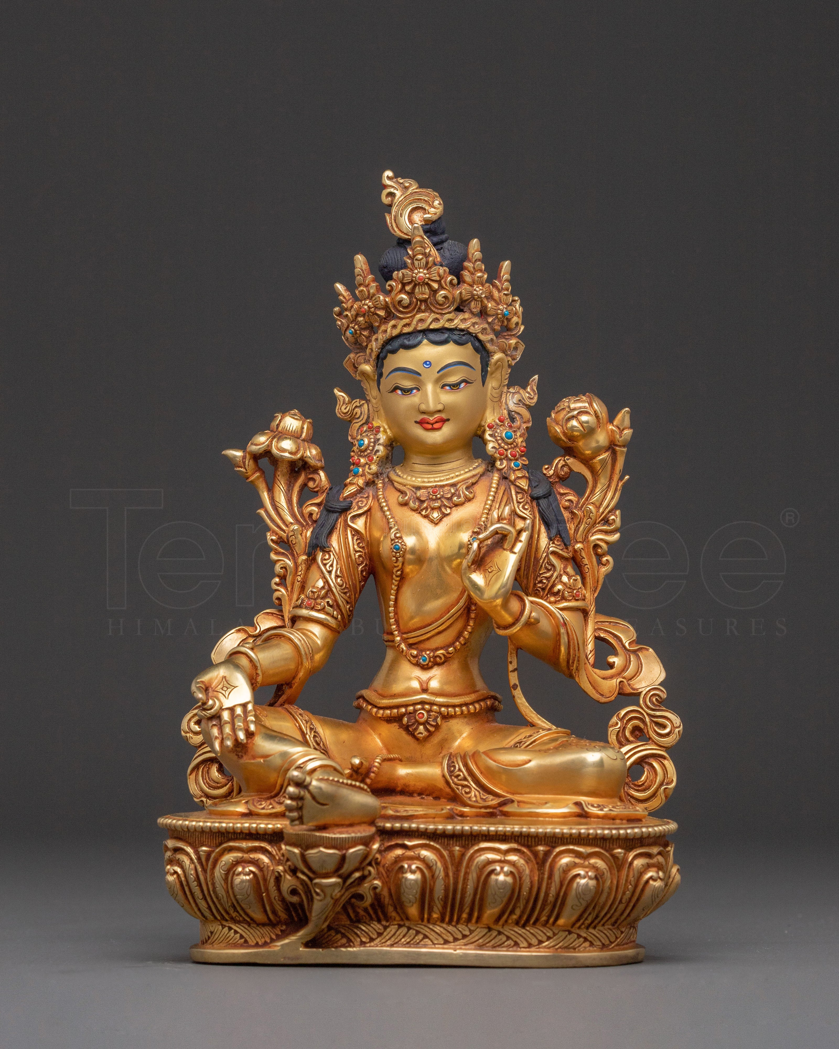 Graceful Green Tara Golden Statue: Handcrafted Serenity